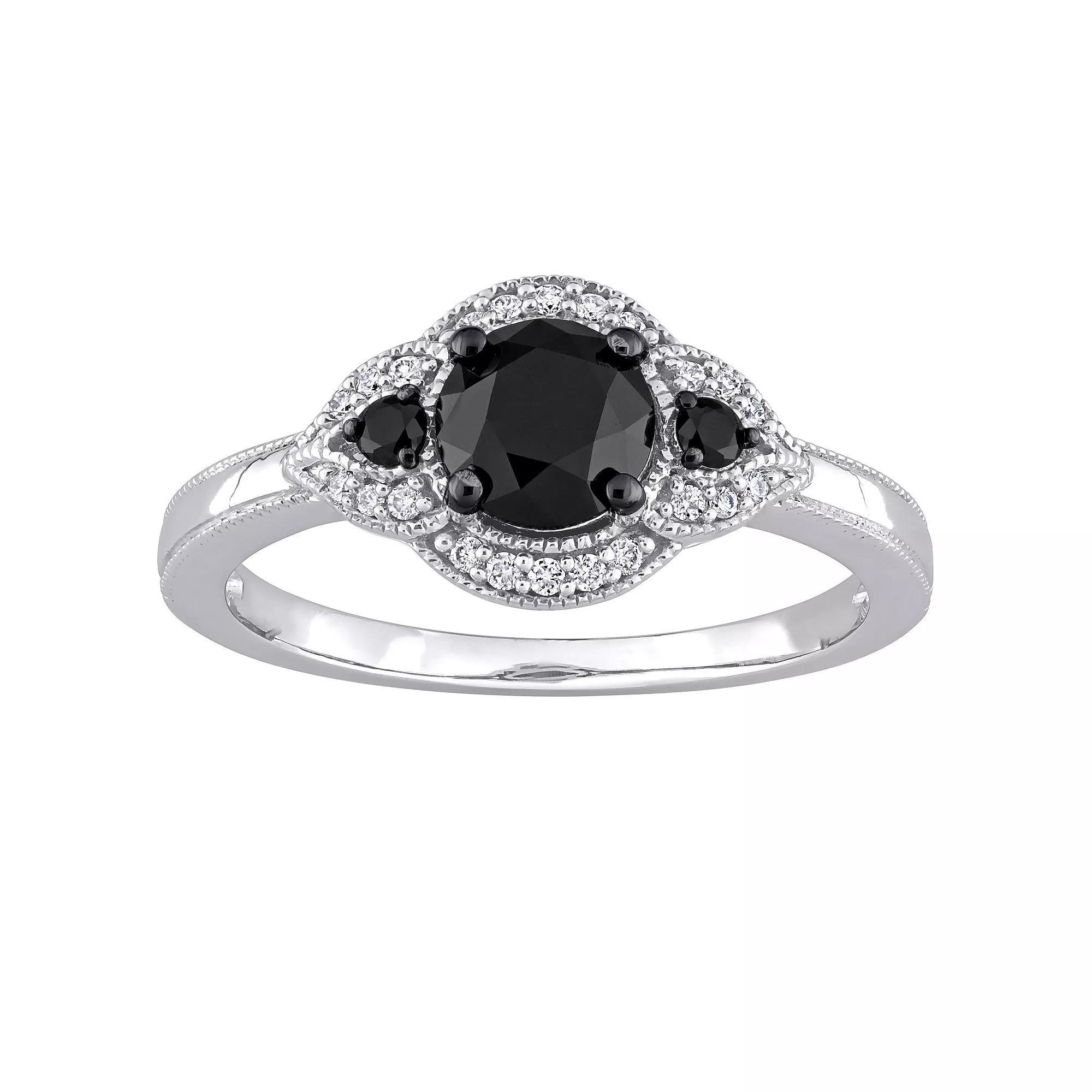 Stella Grace 14k White Gold 1 1/7 Carat T.W. Black & White Diamond 3-Stone Halo Engagement Ring, Womens Product Image