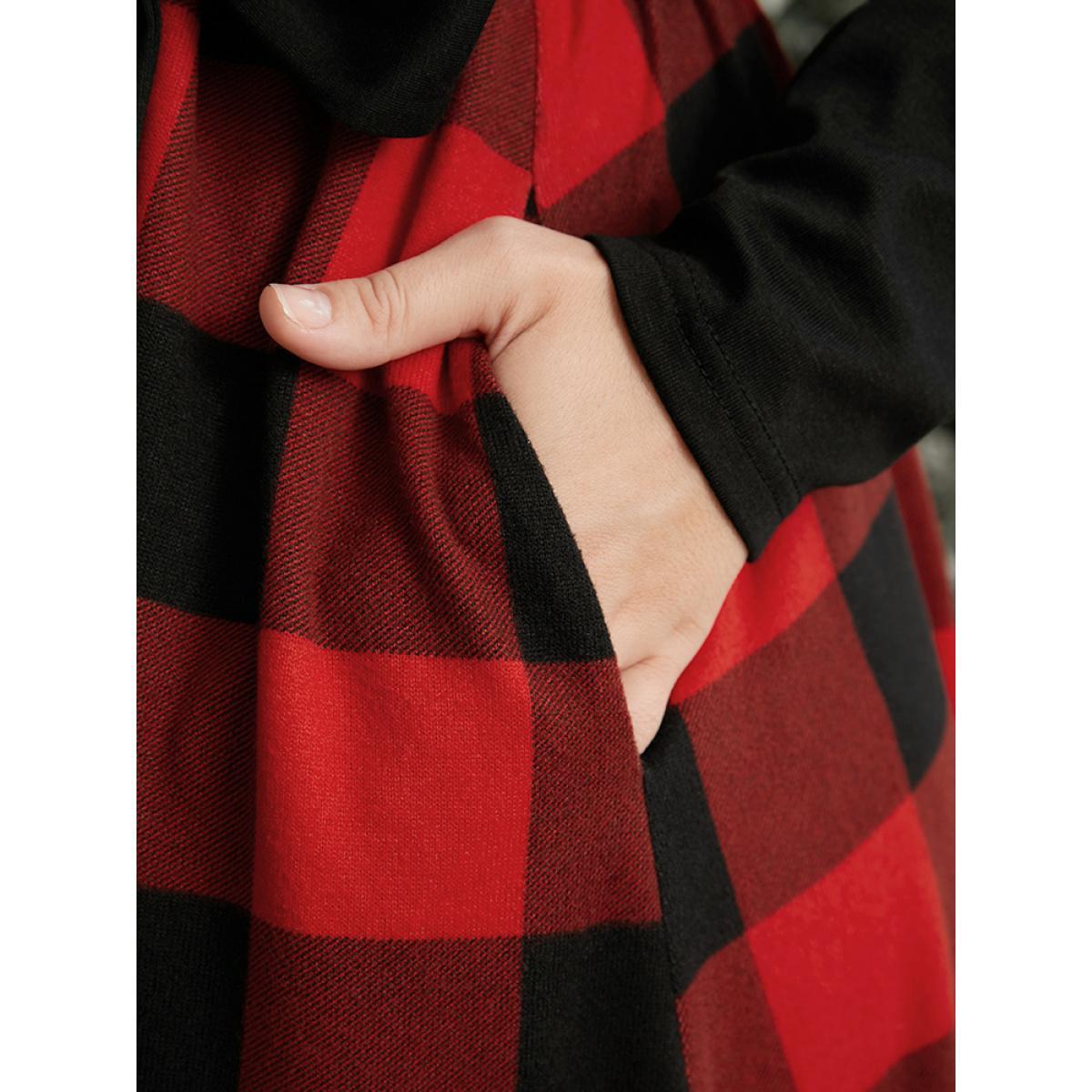 Plus Size Solid Patchwork Pocket Belted Plaid Dress Scarlet Women Elegant Belted V-neck Long Sleeve Curvy Midi Dress BloomChic 12/L Product Image