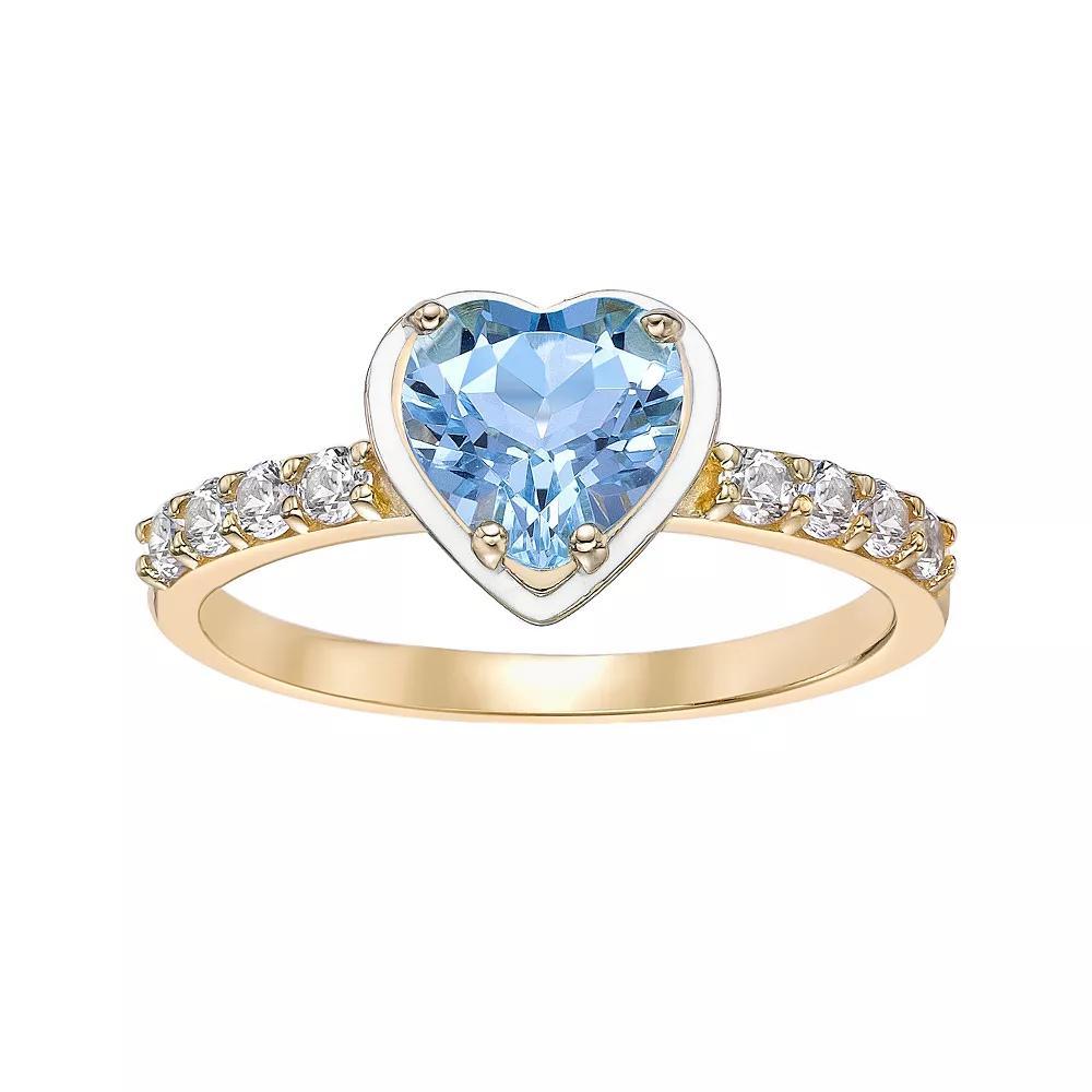Gemminded 18k Gold Over Silver Blue Topaz & Lab-Created White Sapphire with White Enamel Heart Ring, Women's, Size: 6, Gold Tone Product Image