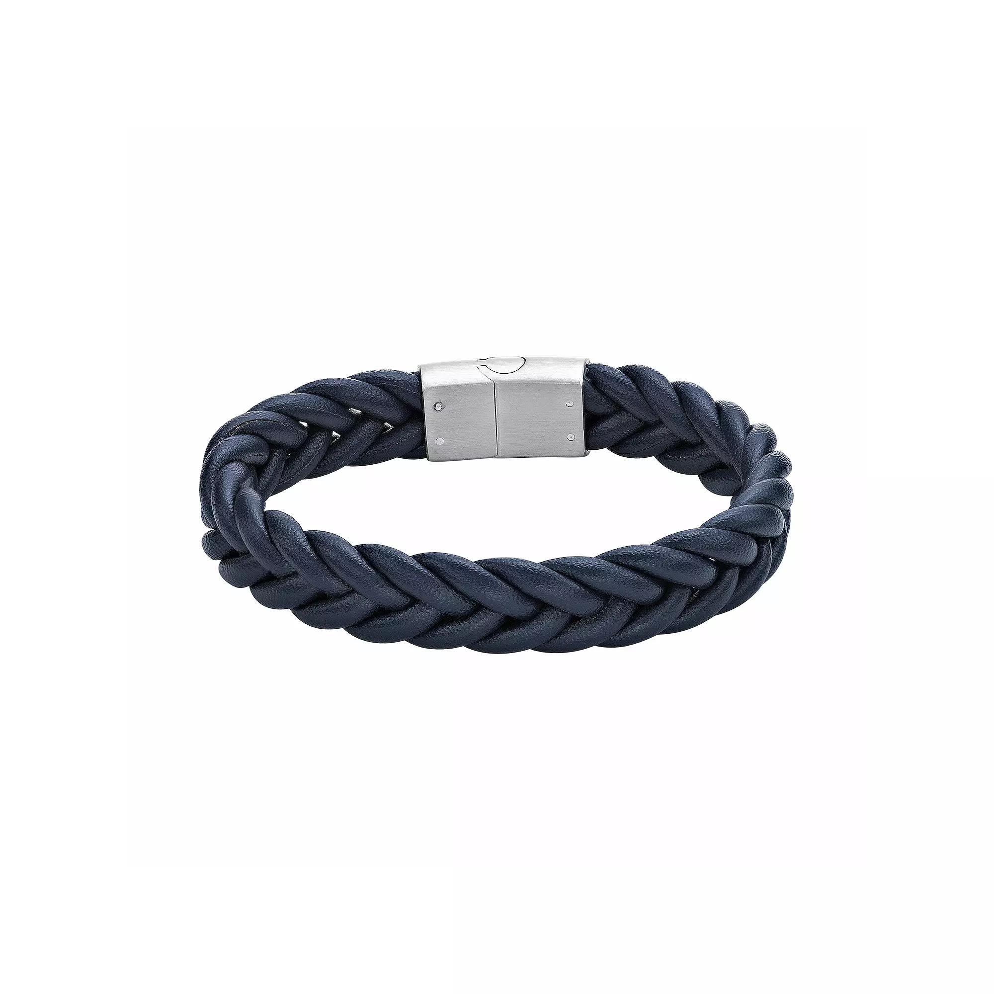 LYNX Men's Stainless Steel & Braided Leather Bracelet, Size: 8.25, Blue Product Image