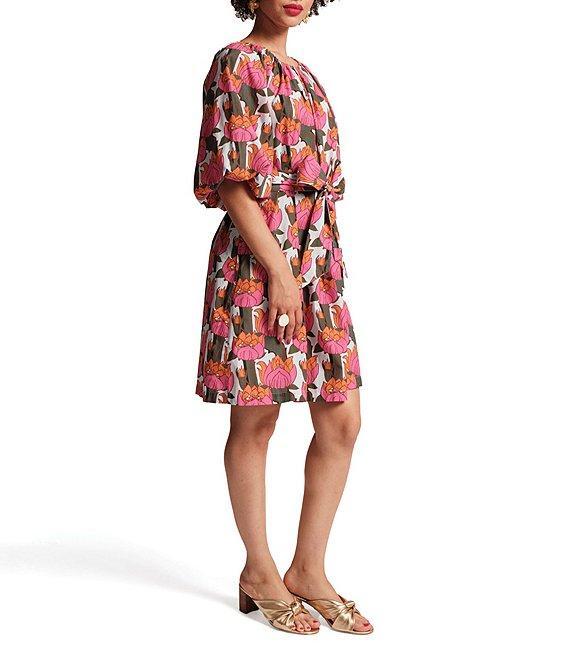 FRANCES VALENTINE Bliss Cotton Poplin Fireflower Print Scoop Neck 3/4 Sleeve Dress Product Image