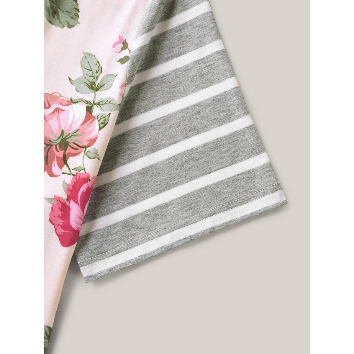 Plus Size Floral Striped Stretchy Crew Neck T-Shirt Multicolor Women Casual Contrast Natural Flowers Round Neck Everyday T-shirts BloomChic 26/4X Product Image