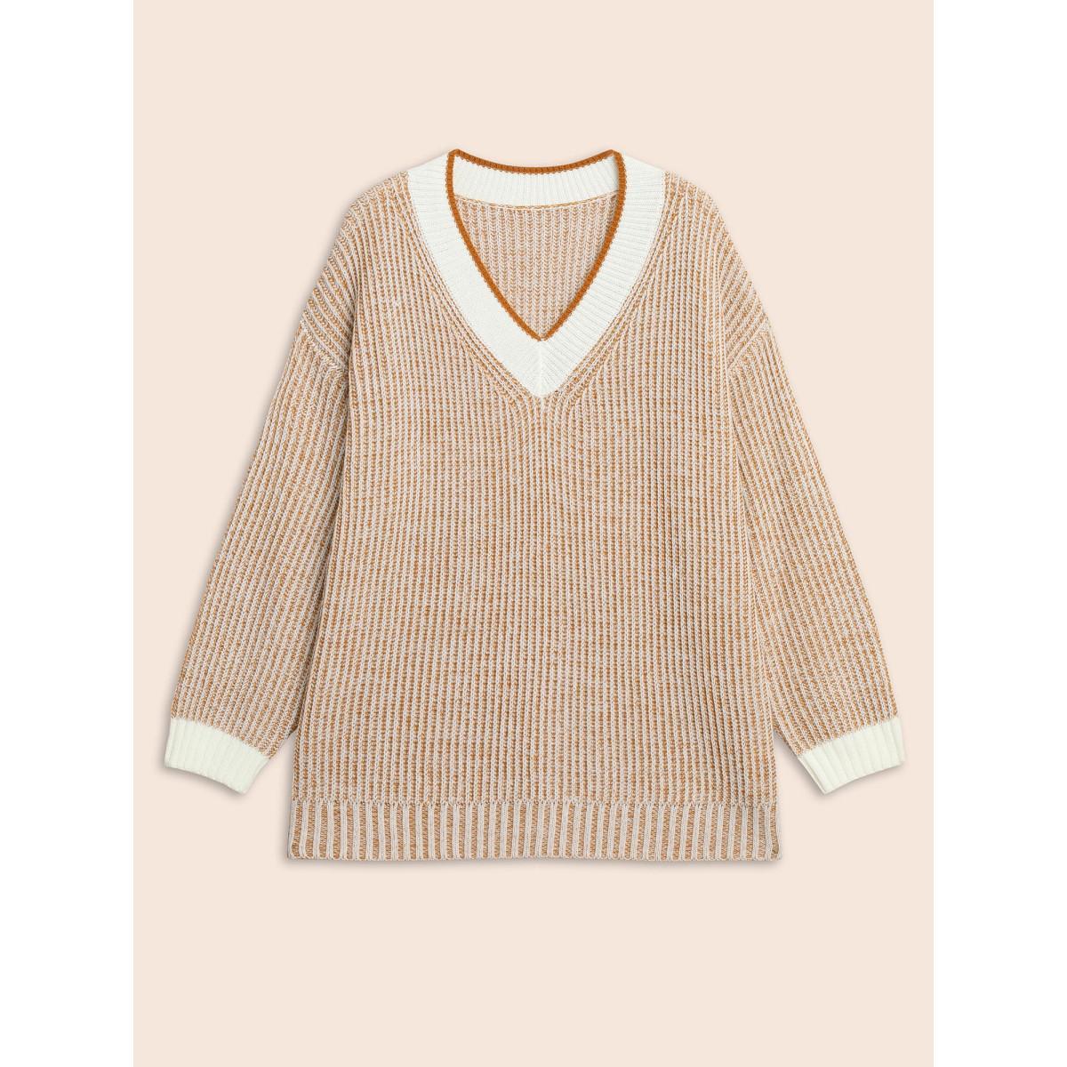 Plus Size Contrast Texture Drop Shoulder Sleeve Pullover Turmeric Women Casual Loose Long Sleeve V-neck Everyday Pullovers BloomChic 14-16/1X Product Image