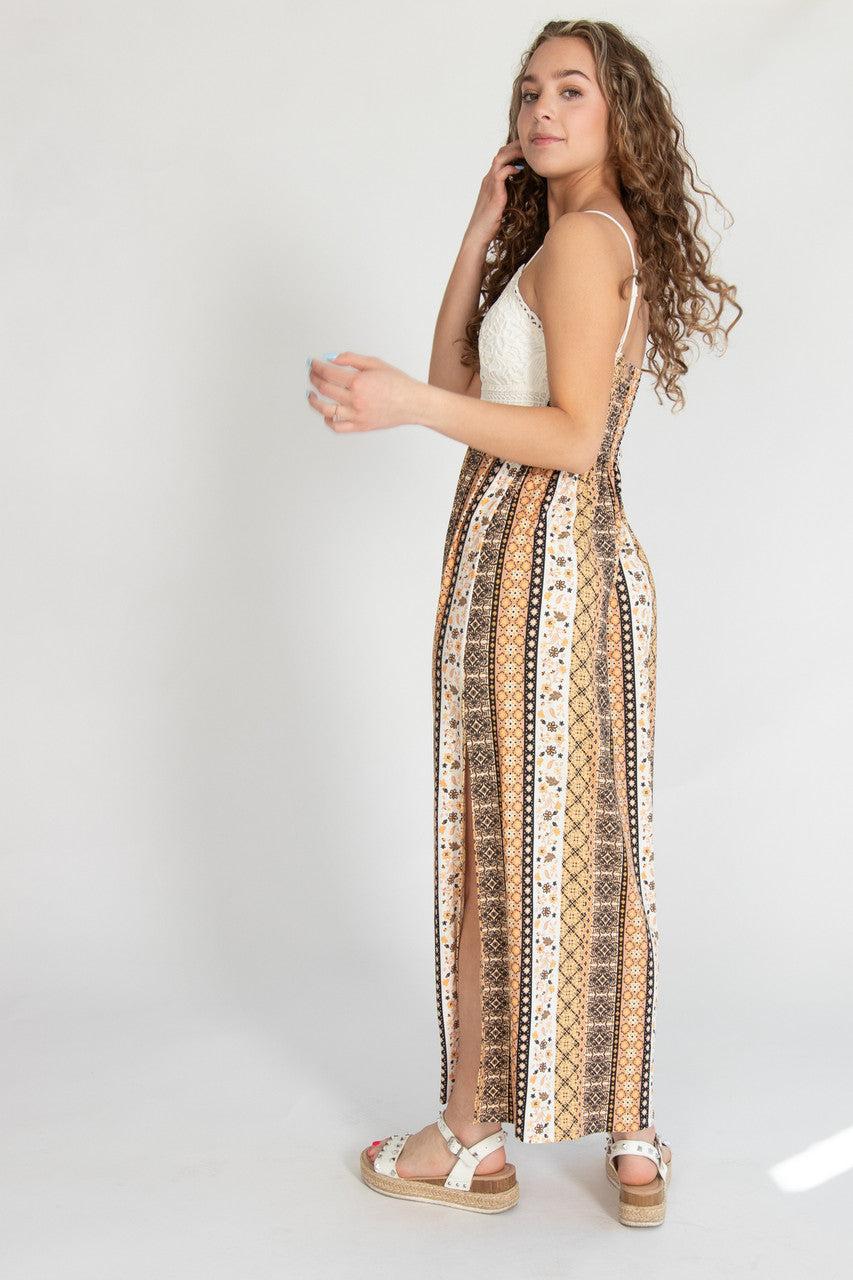 Lace Top Printed Pattern Maxi Dress Product Image