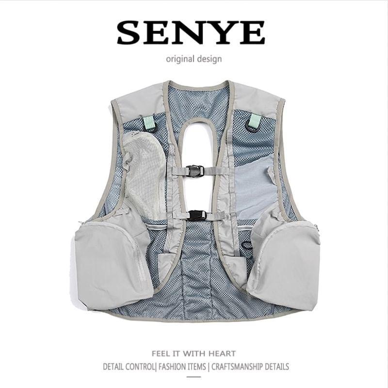 V-Neck Panel Mesh Crop Buckle Cargo Vest Product Image