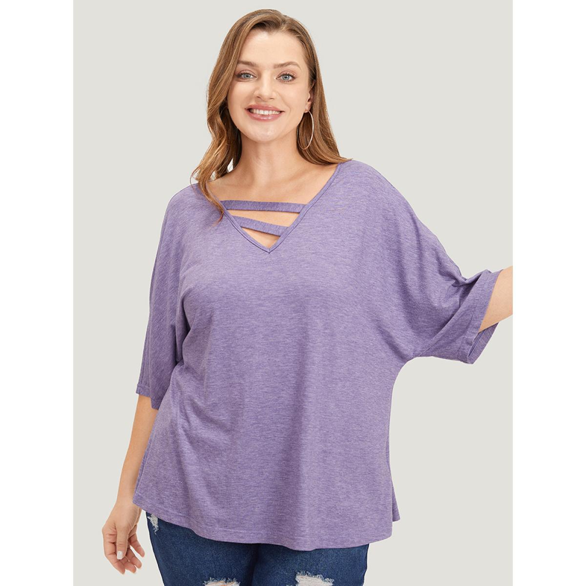 Plus Size Solid Heather Keyhole Neck Dolman Sleeve T-shirt Heather Women Casual Heather Plain V-neck Loose Dailywear T-shirts BloomChic 14-16/1X Product Image