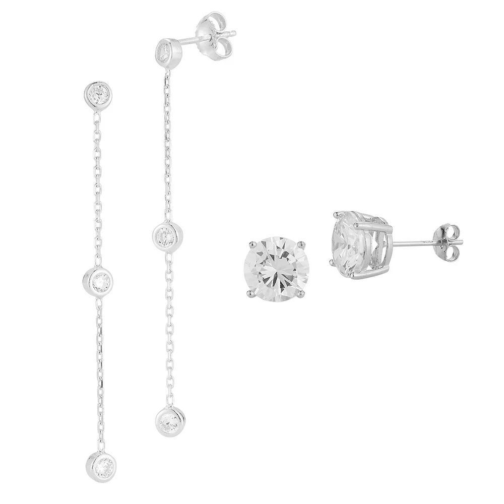 Sunkissed Sterling Sterling Silver Cubic Zirconia Drop & Stud Earring Duo Set, Women's, Silver Tone Product Image