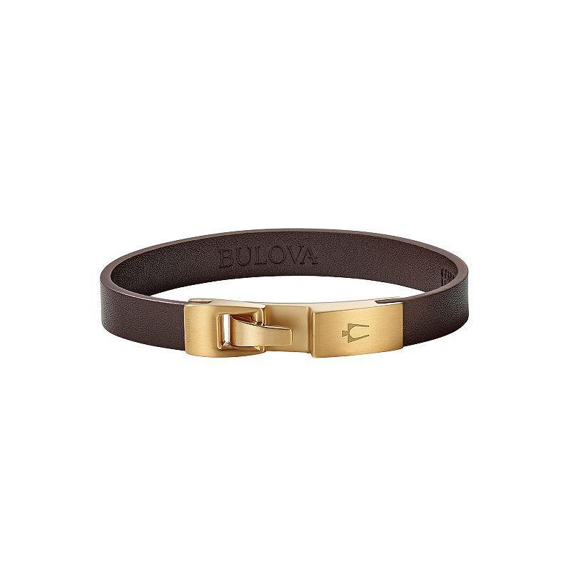 Bulova Mens Gold Tone Stainless Steel & Brown Leather Wrap Bracelet Product Image