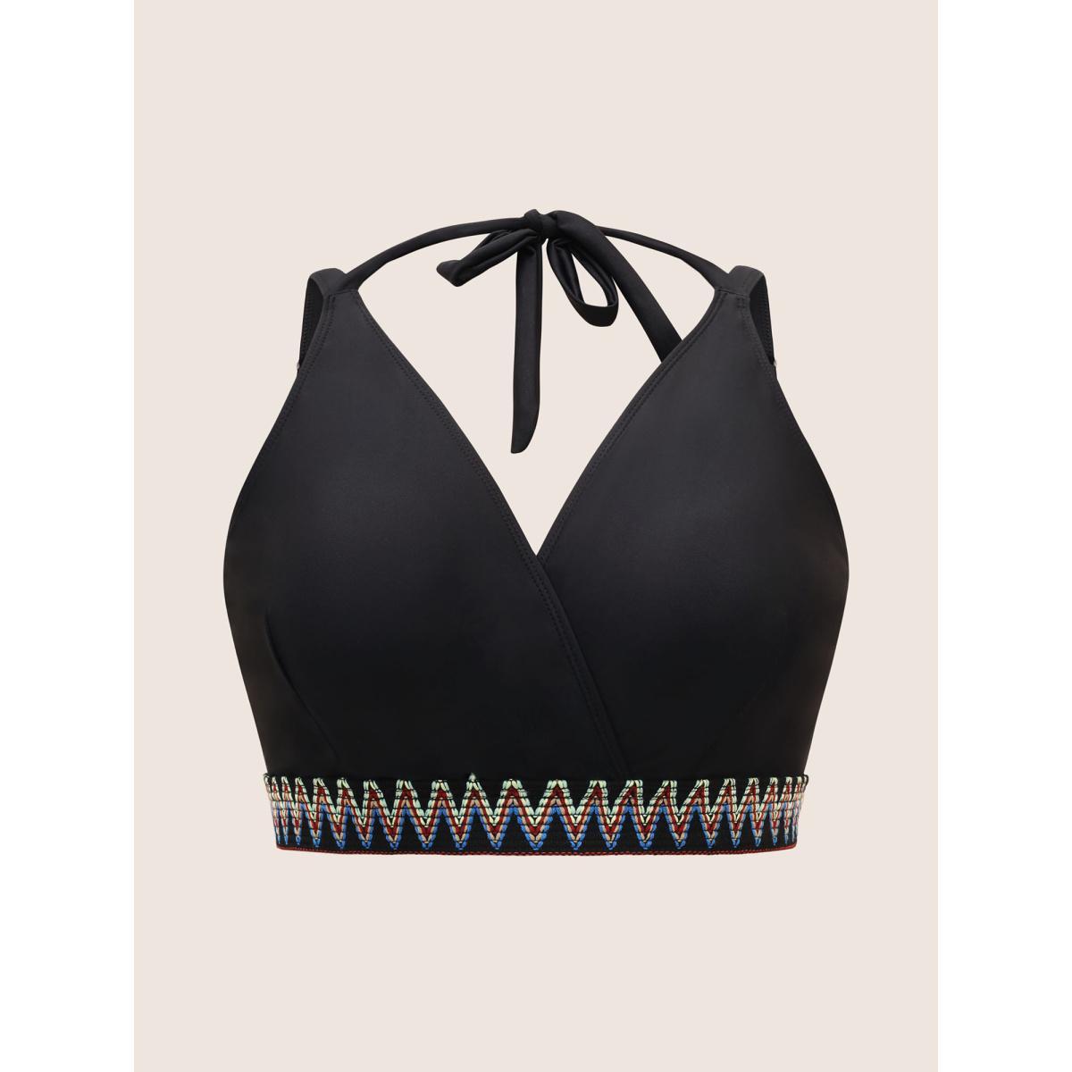 Plus Size Embroidered Wrap Tie Knot Swim Top Women's Swimwear Black Beach Woven ribbon&lace trim High stretch Skinny Overlap Collar Curve Swim Tops BloomChic 12/L Product Image