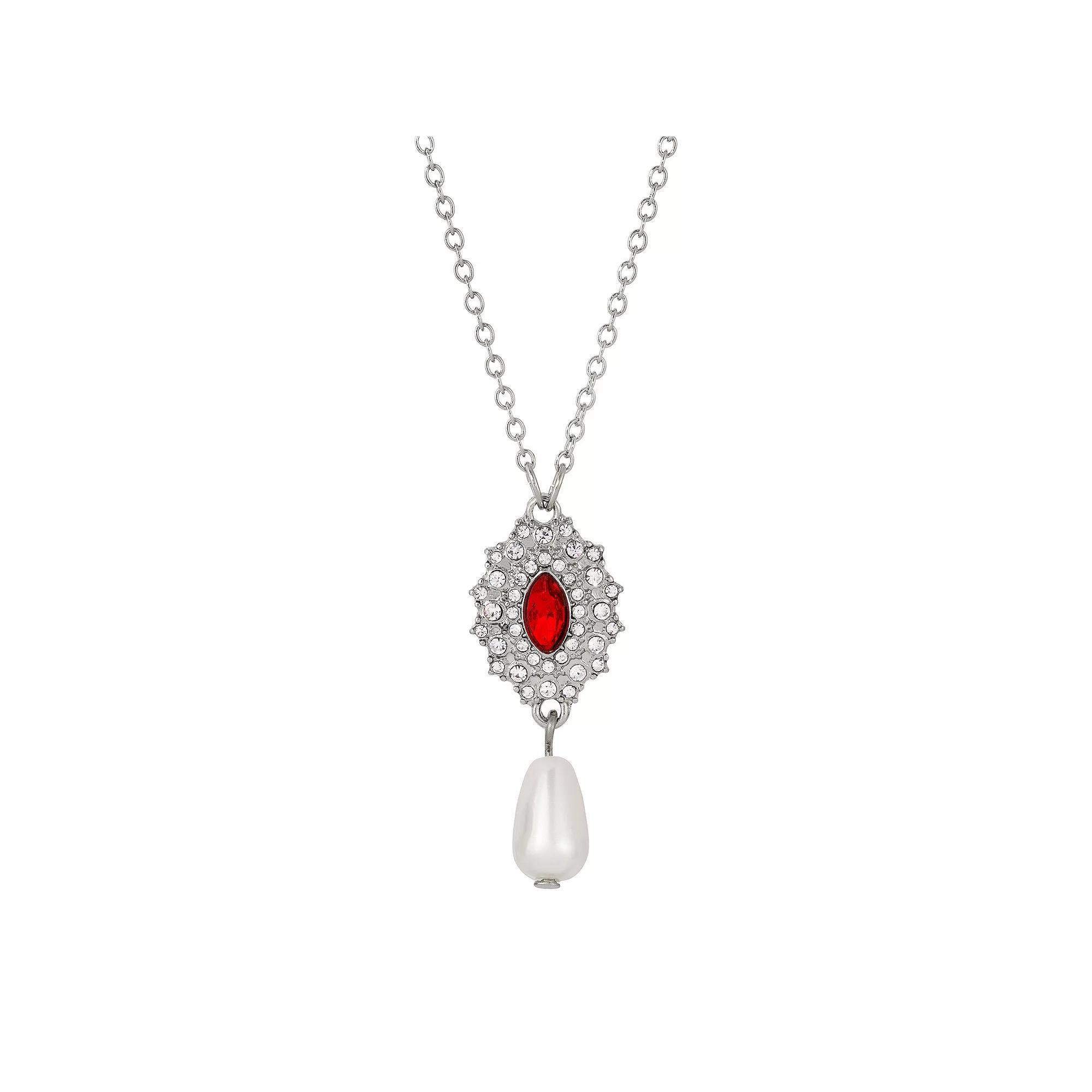 1928 Silver Tone Simulated Pearl Drop Necklace, Womens, Red Product Image