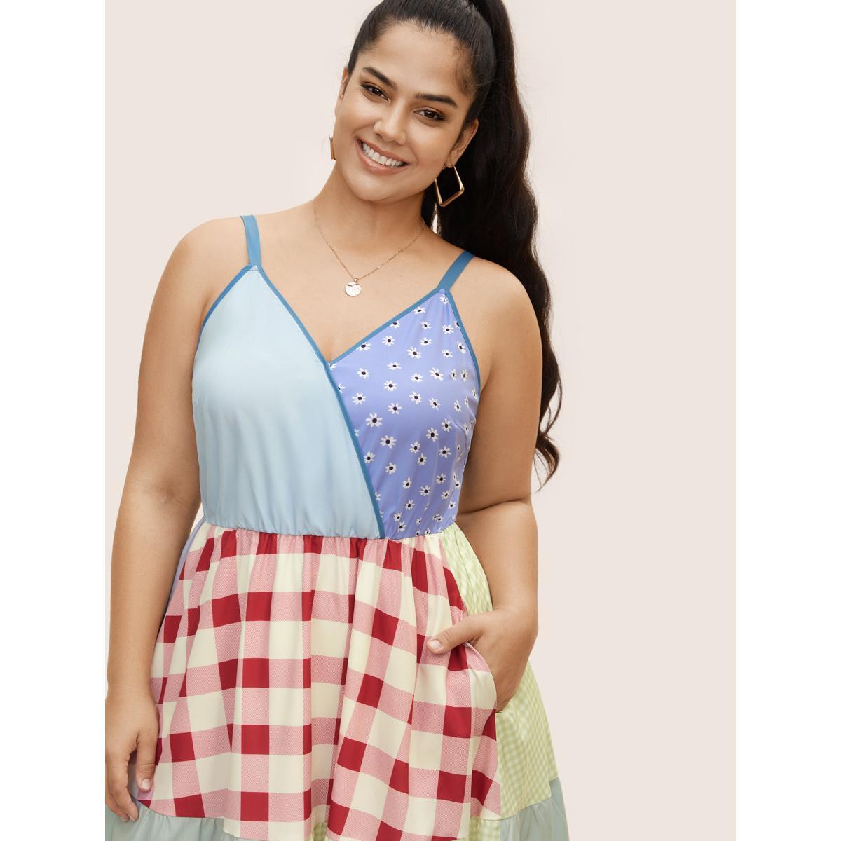 Plus Size Overlap Collar Plaid Patchwork Midi Dress Multicolor Women Casual Overlap Collar Sleeveless Curvy BloomChic 30/6X Product Image