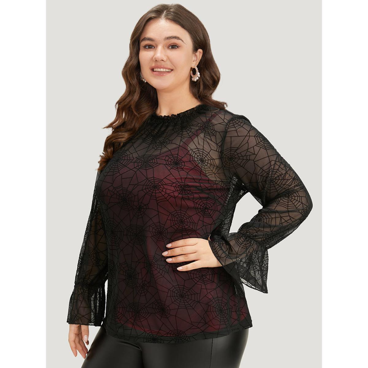 Plus Size Black Halloween Spider Web Mesh Bell Sleeve Blouse Women Elegant Long Sleeve Halter neck Festival-Halloween Blouses BloomChic 22-24/3X Product Image