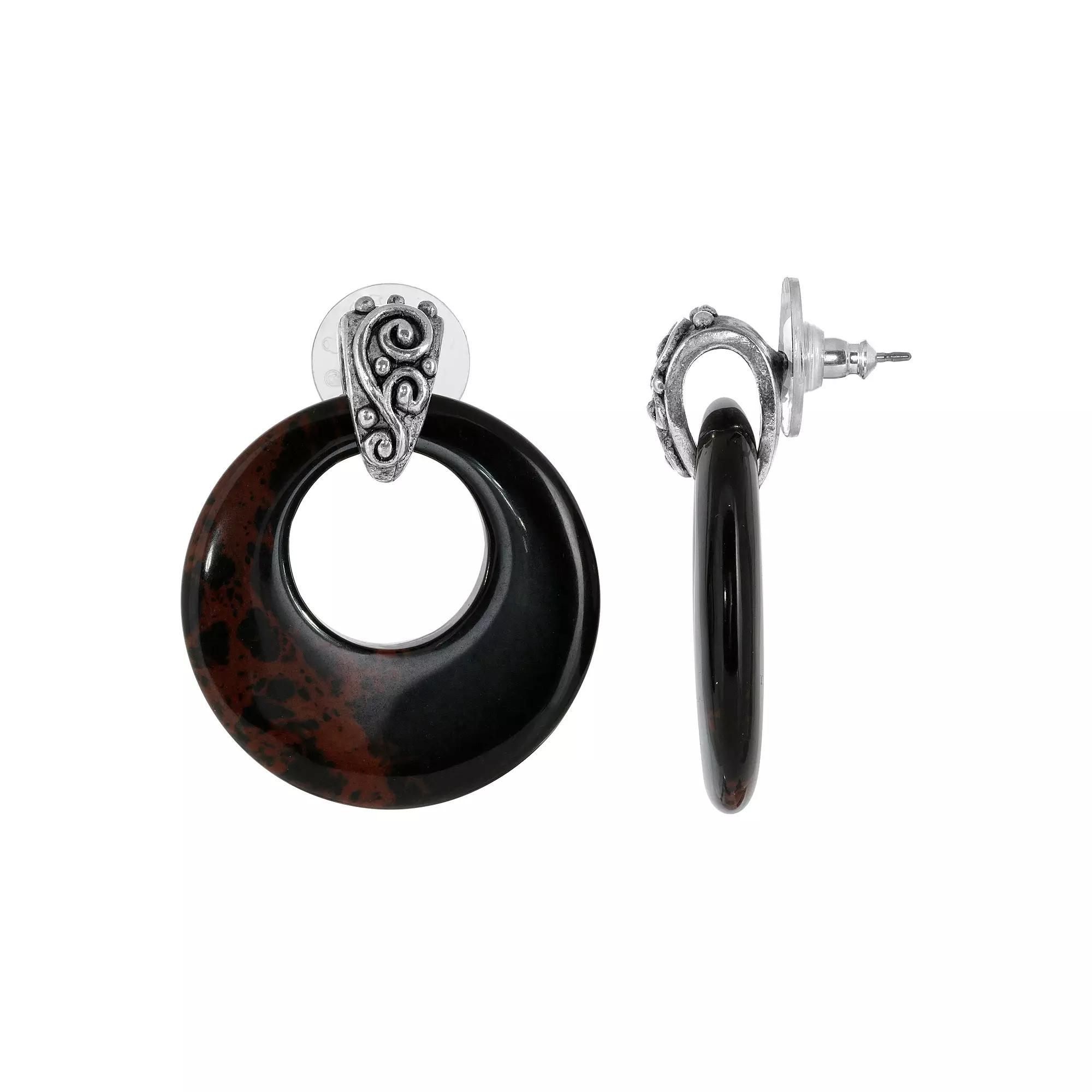 1928 Pewter Stone Round Doorknocker Drop Earrings, Womens, Brown Product Image