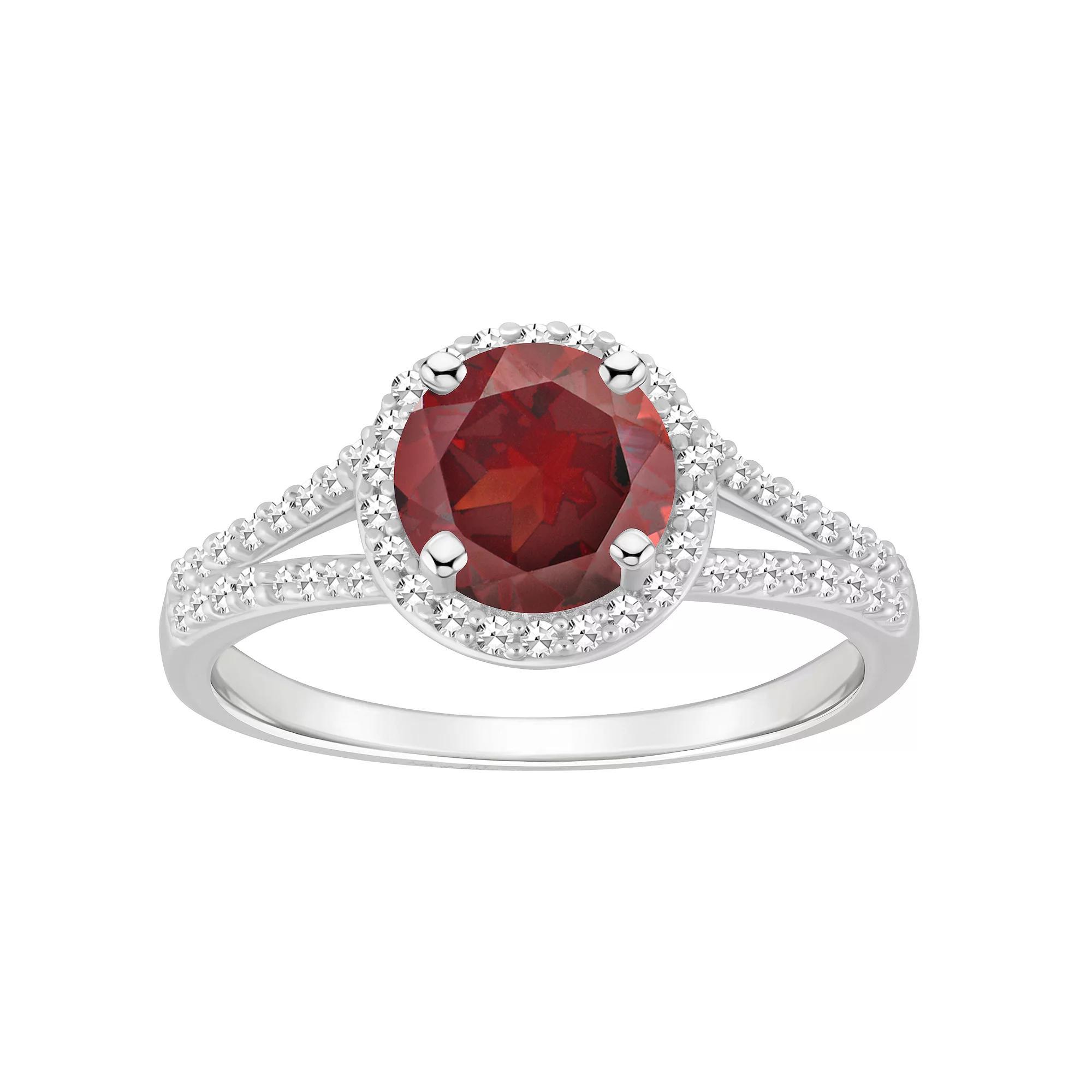 Celebration Gems Sterling Silver 7 mm Round Gemstone and 1/4 Carat T.W. Diamond Split Shank Ring, Women's, Size: 10, Red Product Image