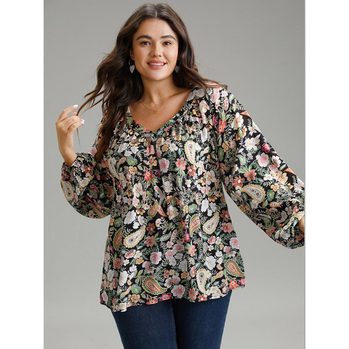 Plus Size Black Paisley Lantern Sleeve Gathered Blouse Women Elegant Long Sleeve V-neck Dailywear Blouses BloomChic 12/L Product Image