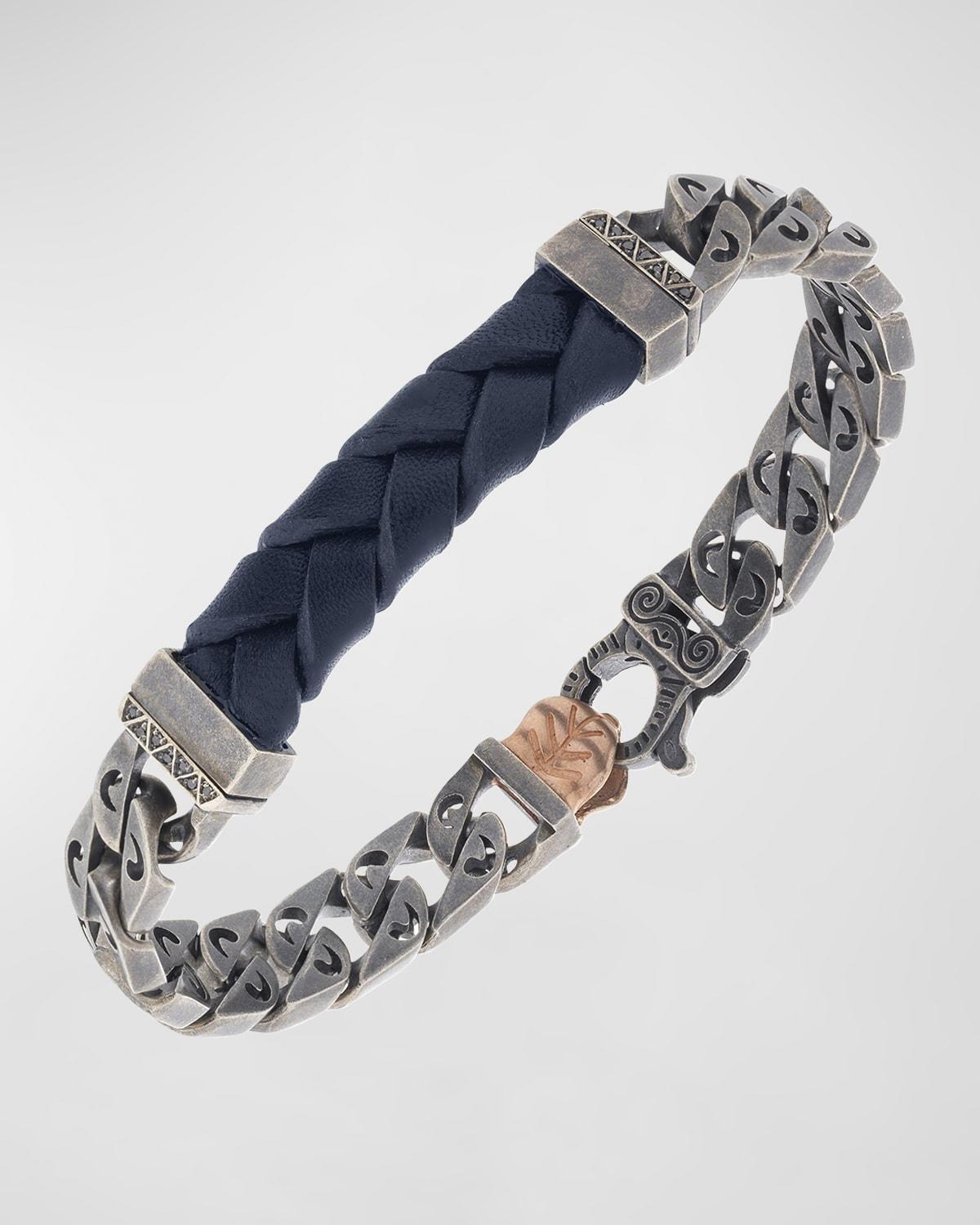 Mens Flaming Tongue ID Leather Curb Link Bracelet, Black Diamonds Product Image