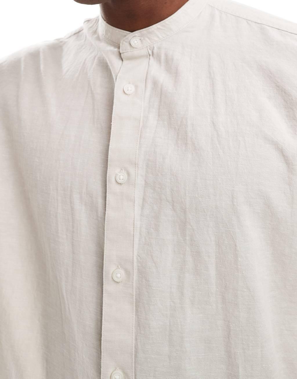 Selected Homme oversized linen mix standing collar shirt in beige Product Image