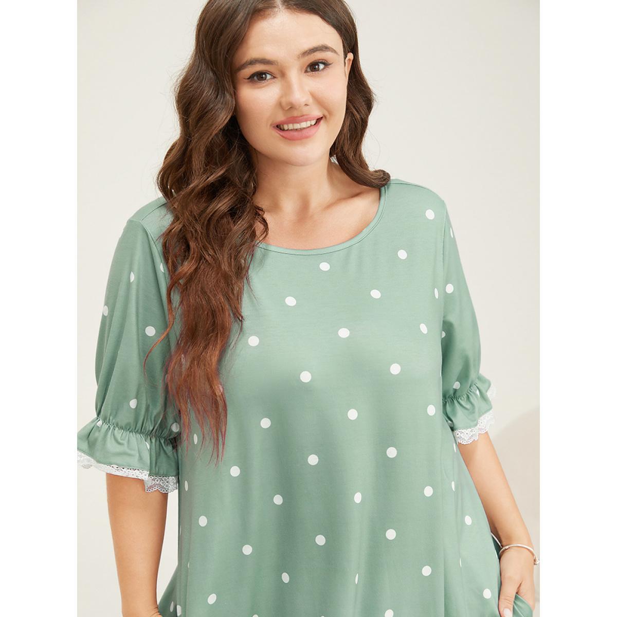 Plus Size Polka Dot Lace Ruffle Trim Pocket Sleep Dress Women Sage Elegant Polka Dot Lace Round Neck Pocket Loungewear BloomChic 30/6X Product Image