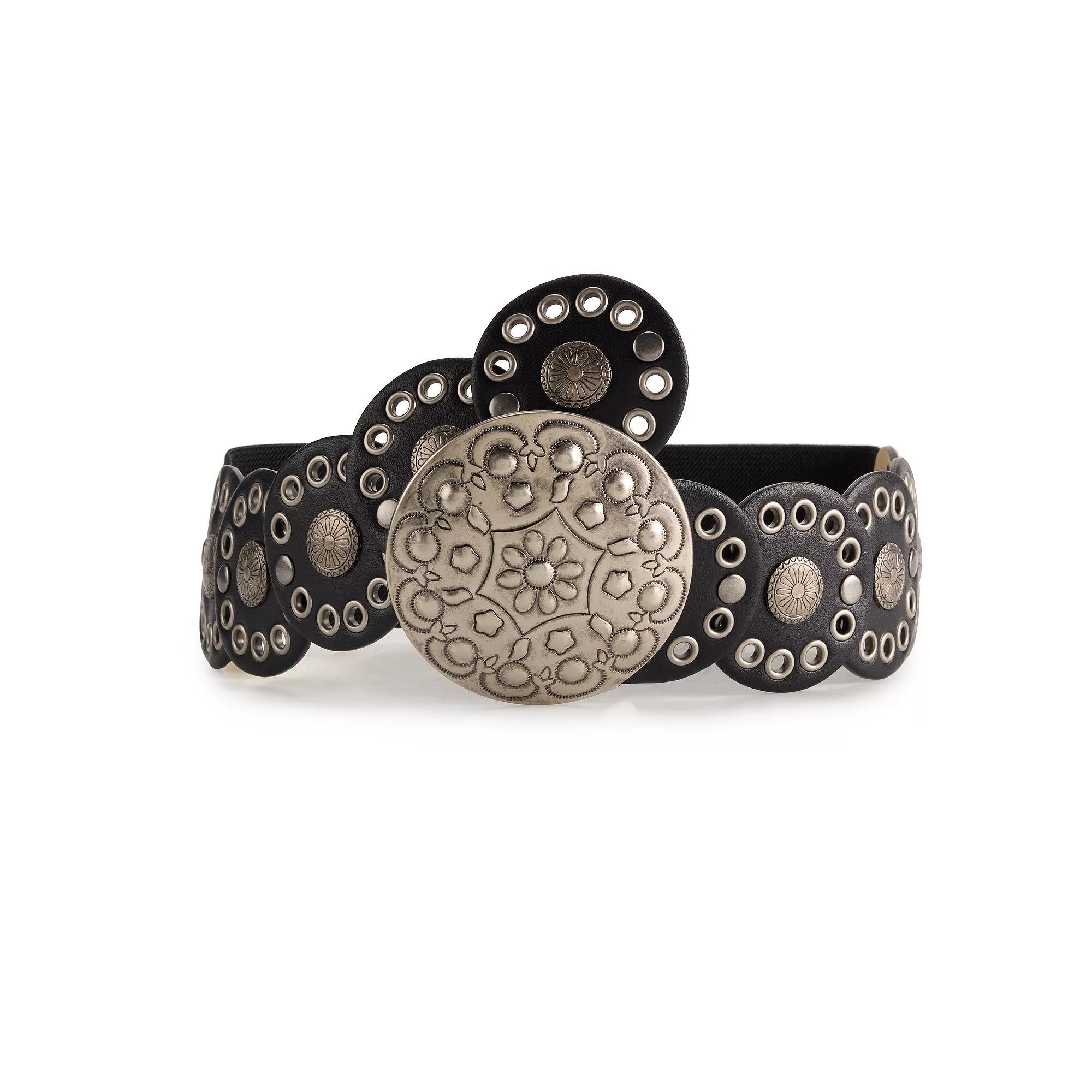 Women's madden girl Embellished Circle Tab Stretch Belt, Size: Large-XL, Black Product Image