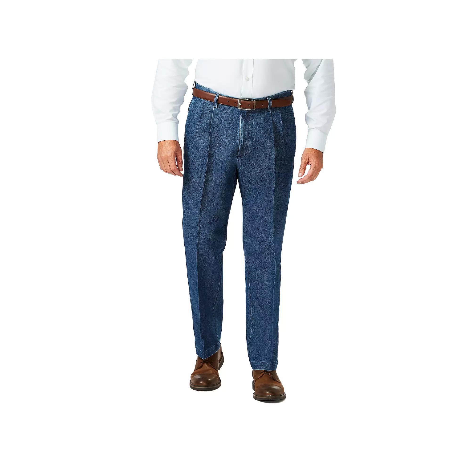 Big & Tall Hagar Classic-Fit Pleated-Front Stretch Denim Trousers, Men's, Size: 54X32, Medium Blue Product Image