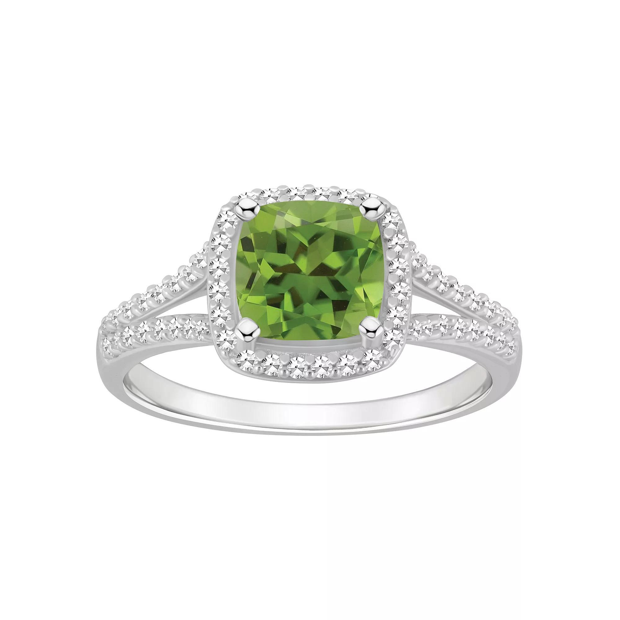 Celebration Gems Sterling Silver 7 mm Cushion Gemstone & 1/4 Carat T.W. Diamond Split Shank Ring, Women's, Size: 6, Peridot Product Image