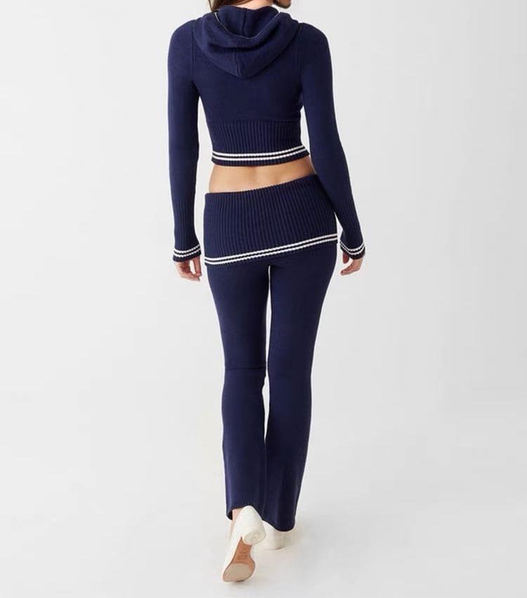 Hooded Contrast Trim Zip Cardigan / Mid Rise Plain Flared Pants Product Image