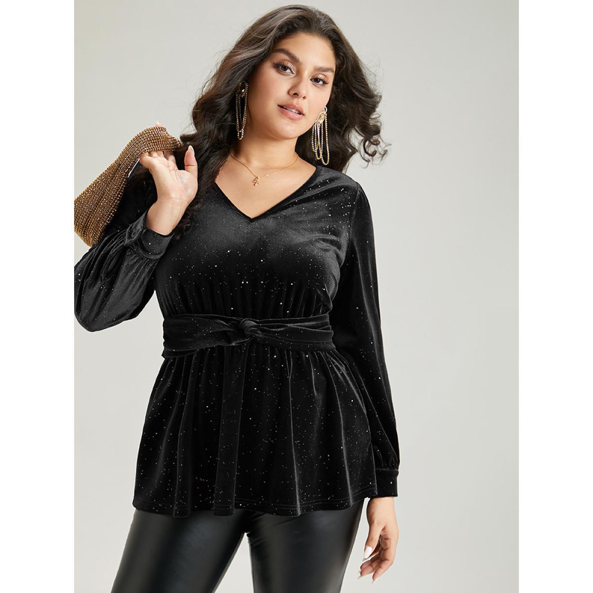 Plus Size Black Glitter Sequin Velvet Twist Front V Neck Blouse Women Cocktail Long Sleeve V-neck Party Blouses BloomChic 22-24/3X Product Image