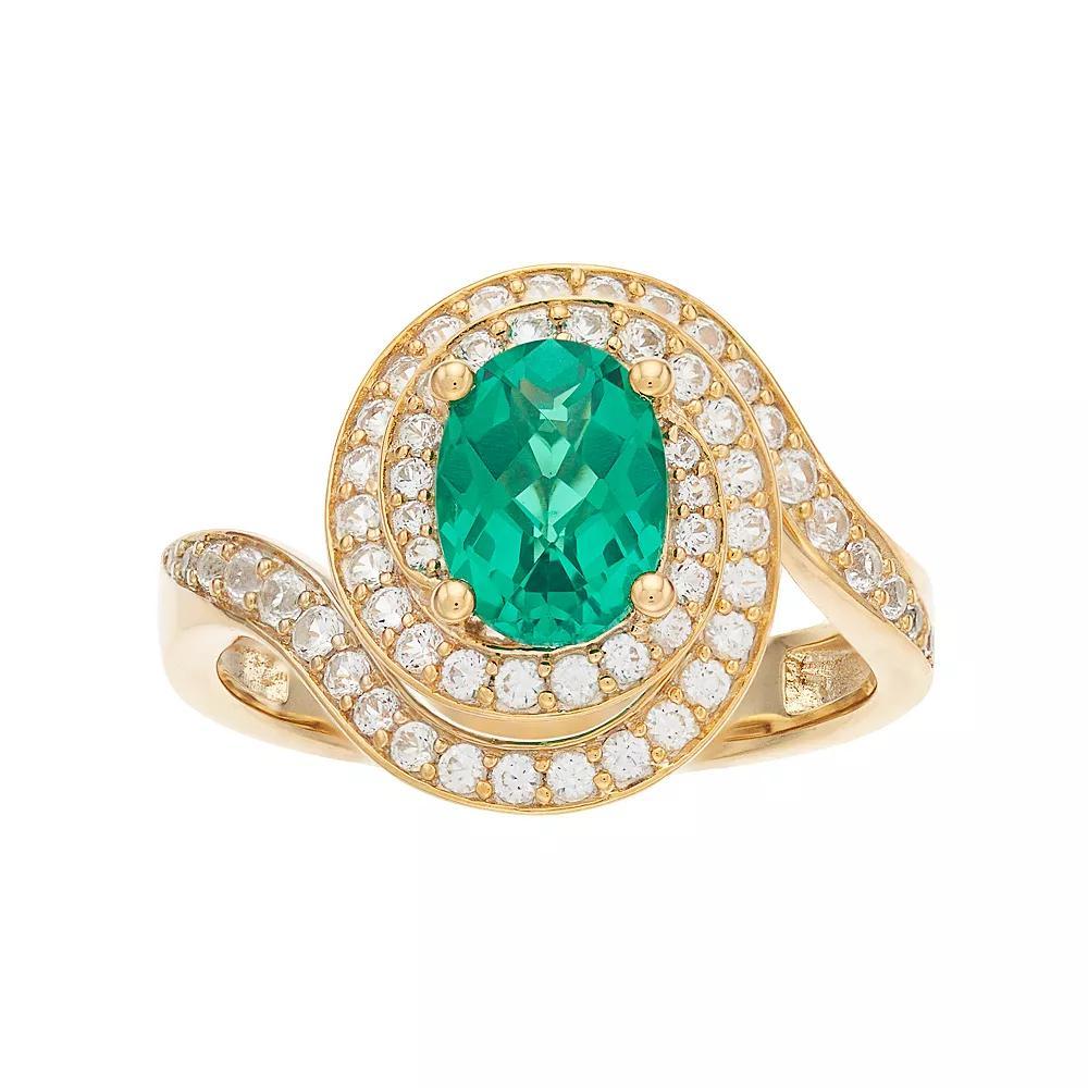 14k Gold Over Silver Lab-Created Emerald & White Sapphire Oval Halo Ring, Women's, Size: 6, Gold Tone Product Image