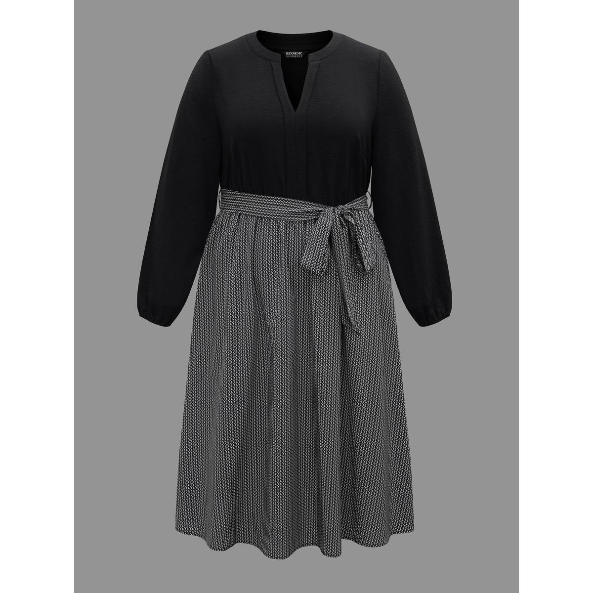 Plus Size Notched Collar Color Block Waist Tie Dress Black Women At the Office Belted Flat collar with V-notch Long Sleeve Curvy BloomChic 12/L Product Image