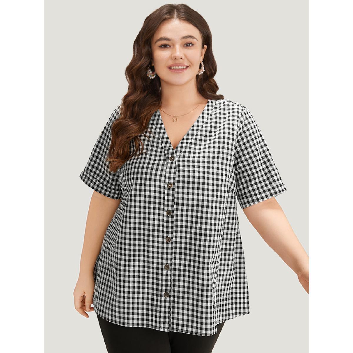 Plus Size Black Gingham V Neck Button Through Blouse Women Office Short sleeve V-neck Work Blouses BloomChic 12/L Product Image