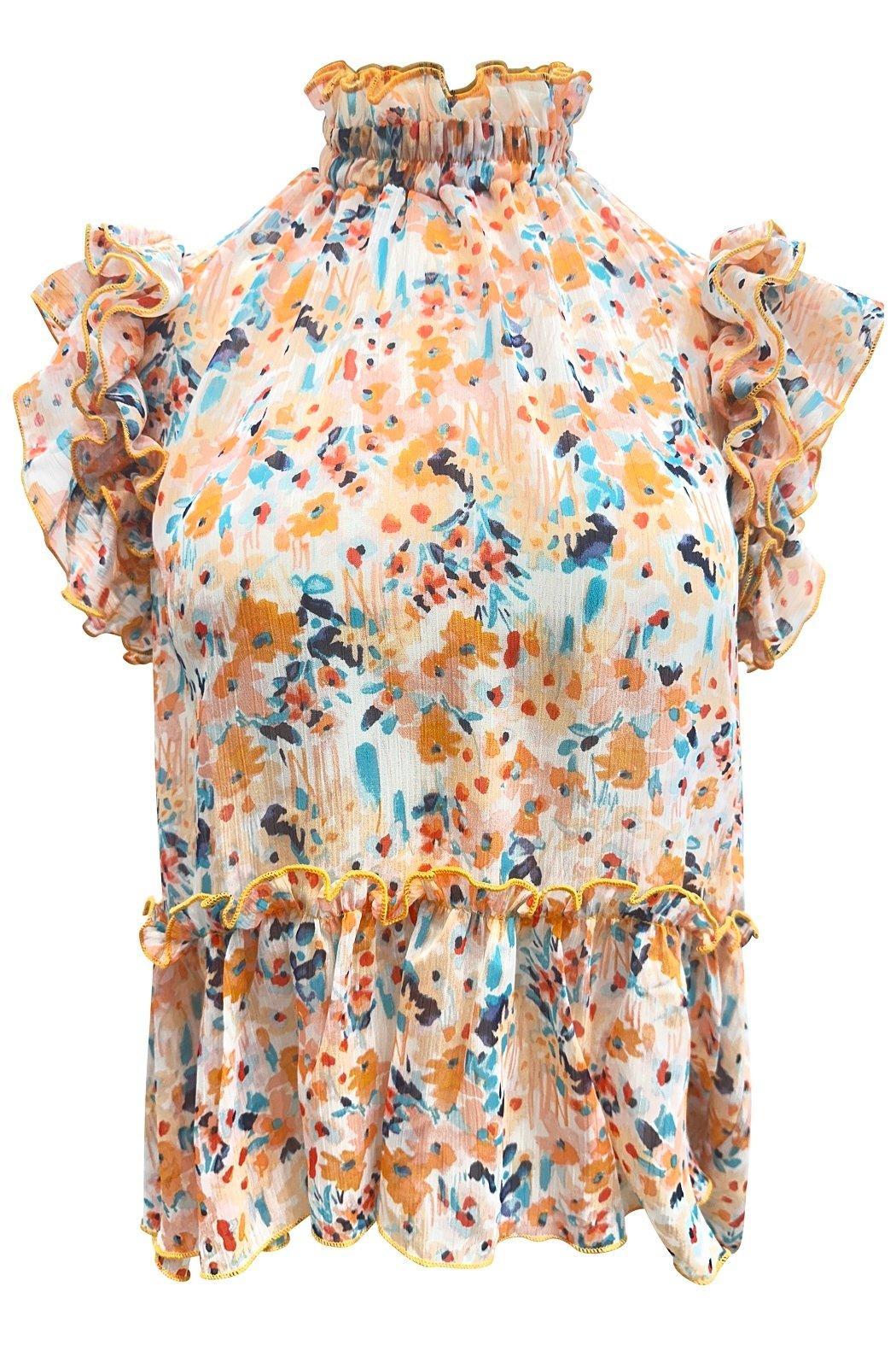 High-Neck Ruffle Sleeve Floral Blouse Product Image