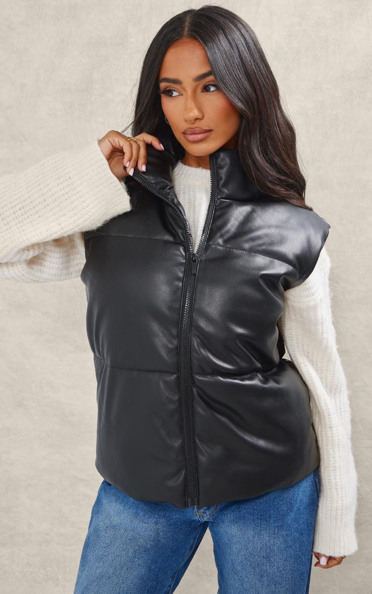 Petite Black Faux Leather Puffer Vest Product Image