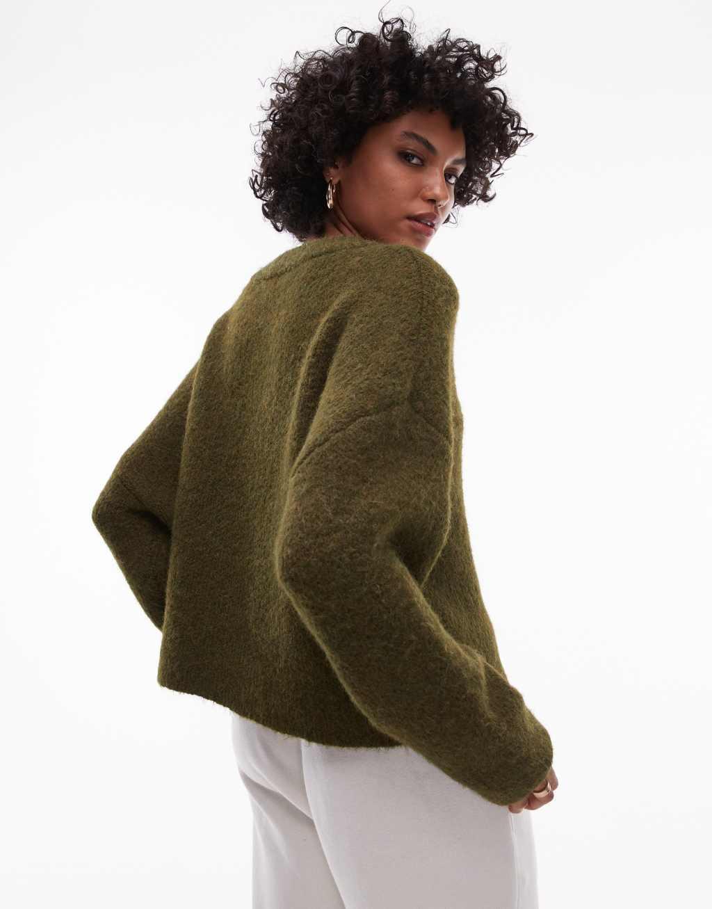 Topshop knit fluffy relaxed ultimate sweater in khaki Product Image