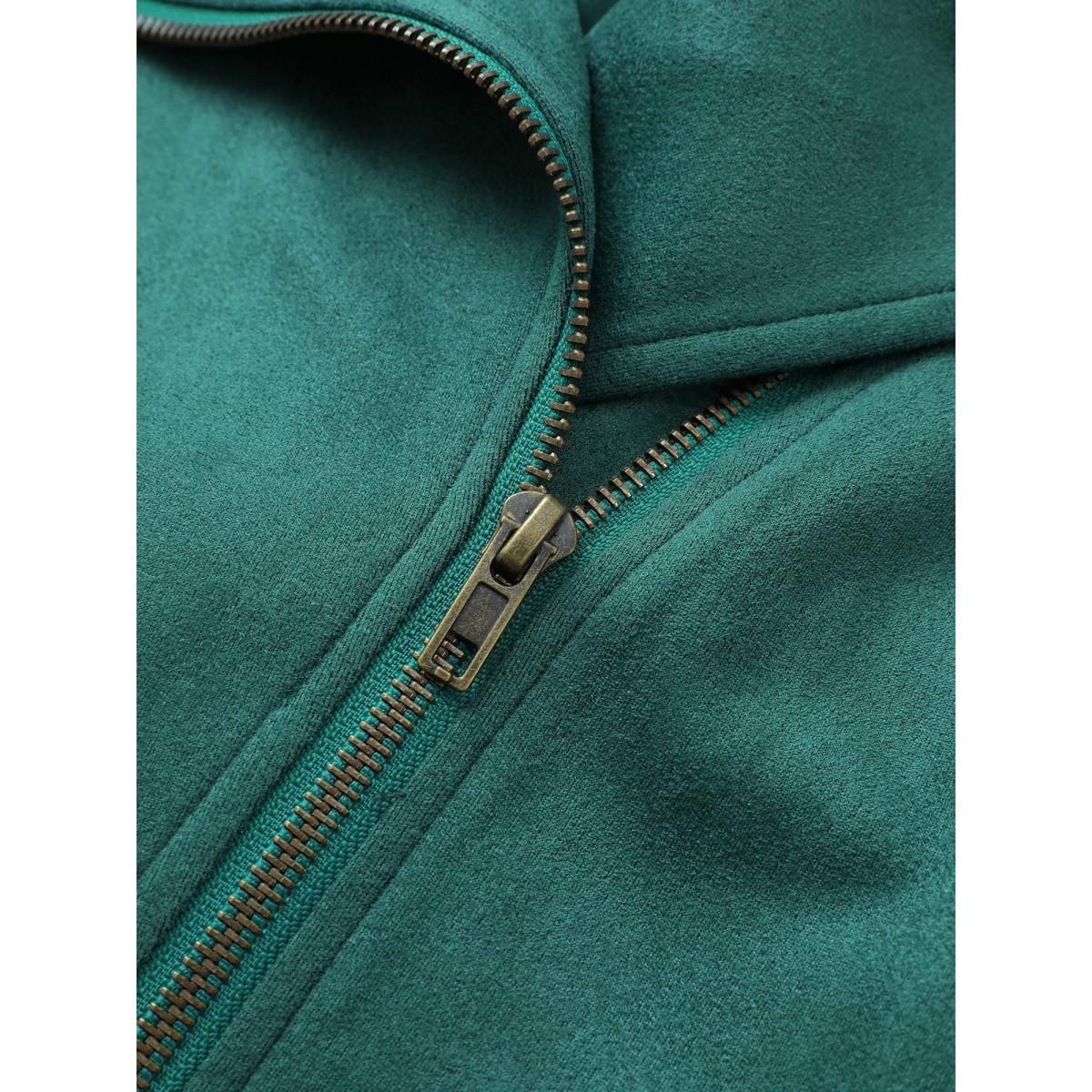 Plus Size Solid Faux Suede Zipper Lapel Collar Jacket Women Emerald Non Zippered pocket Everyday Jackets BloomChic 26/4X Product Image