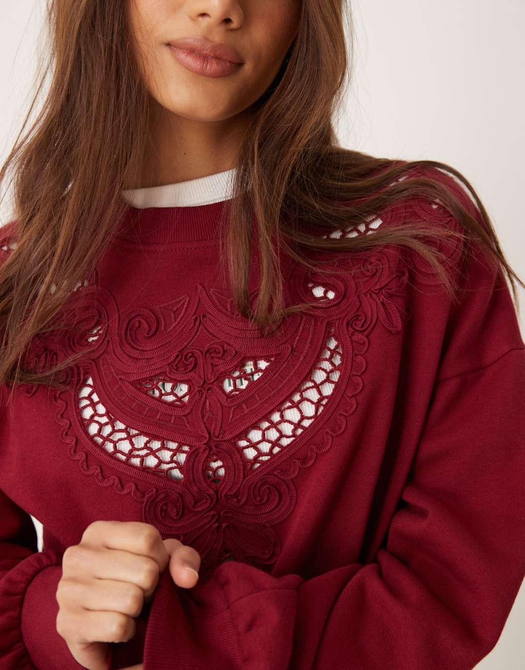 Miss Selfridge embroidery cut out detail sweatshirt in burgundy Product Image