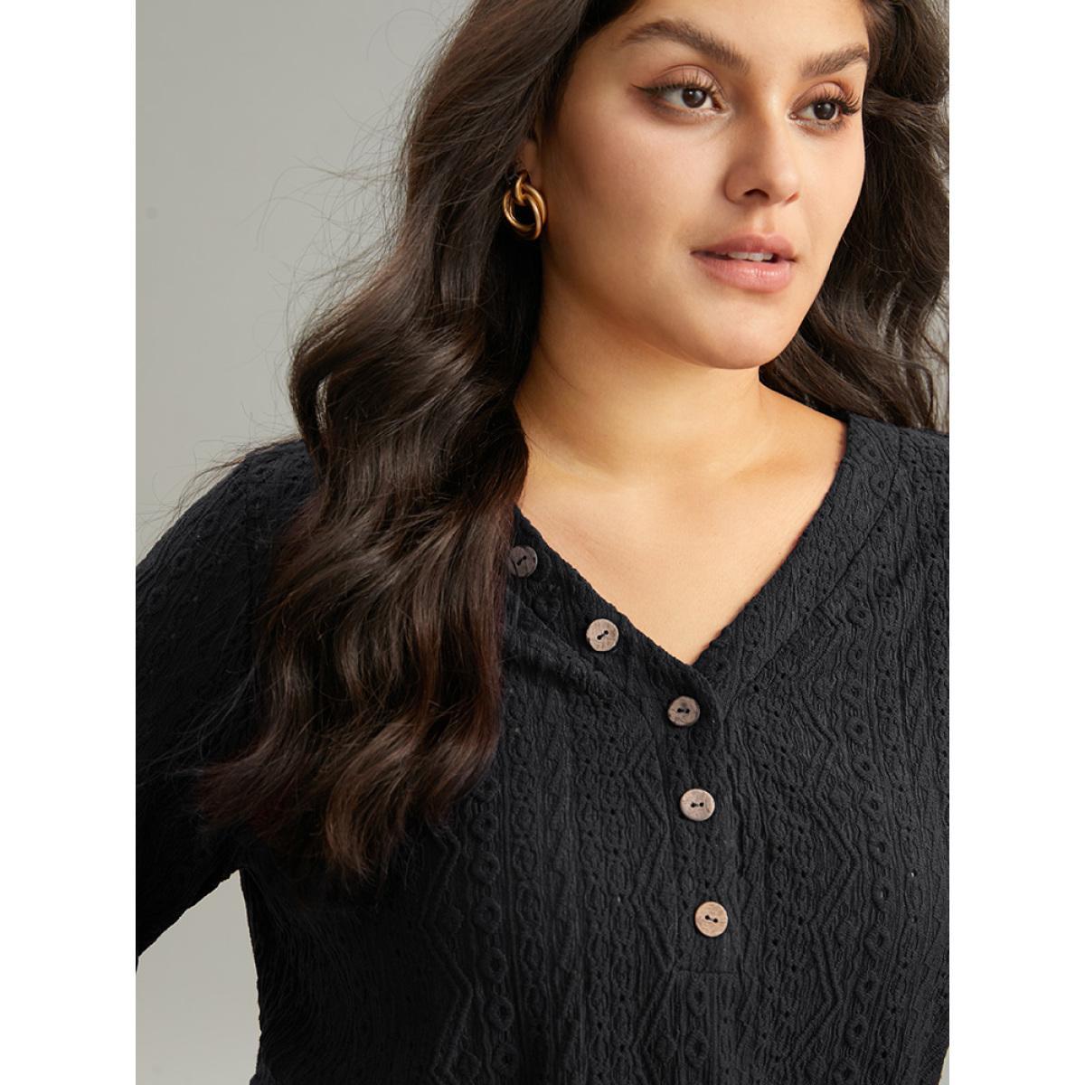 Plus Size Broderie Anglaise Button Detail Jacquard T-shirt Black Women Elegant Texture Plain V-neck Dailywear T-shirts BloomChic 14-16/1X Product Image