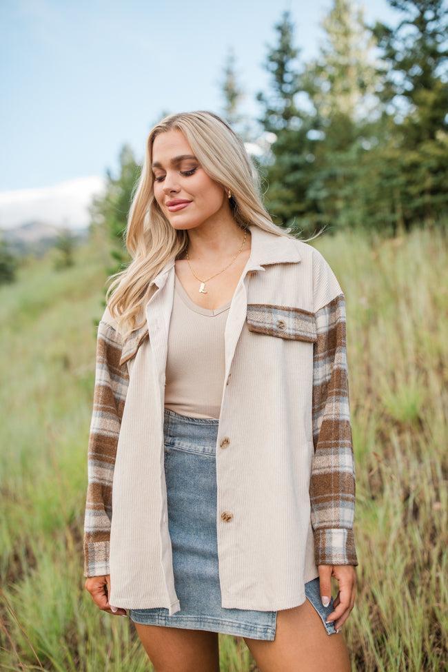 Talking My Language Beige and Brown Plaid Sleeve Shacket FINAL SALE Product Image