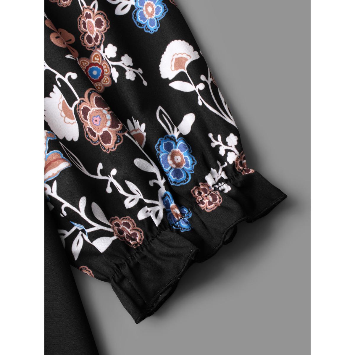 Plus Size Black Floral Puffy Sleeve V-Neck Blouse Women Elegant Long Sleeve Notched collar Everyday Blouses BloomChic 26/4X Product Image