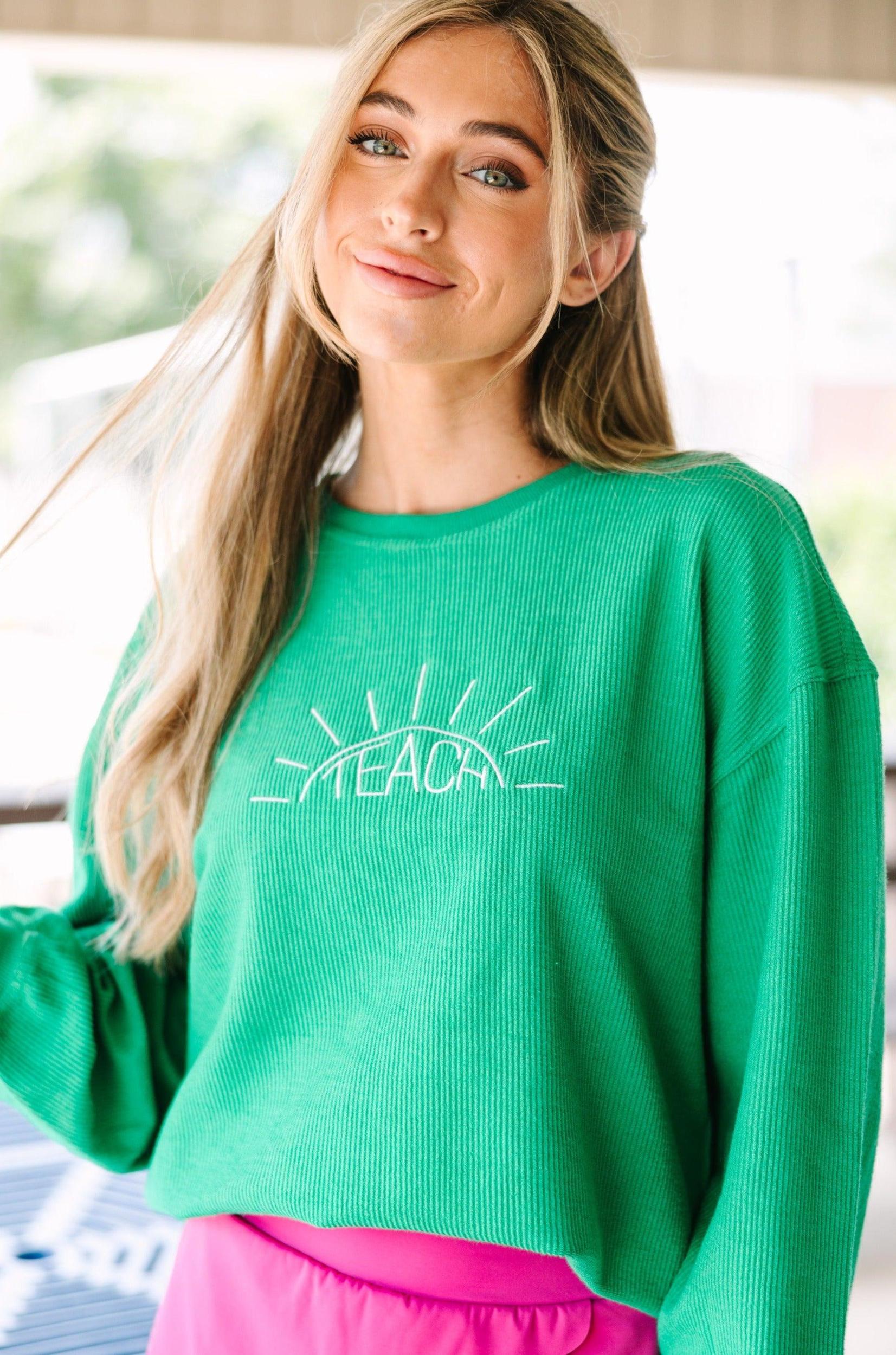 Be The Light Green Embroidered Corded Sweatshirt Female Product Image