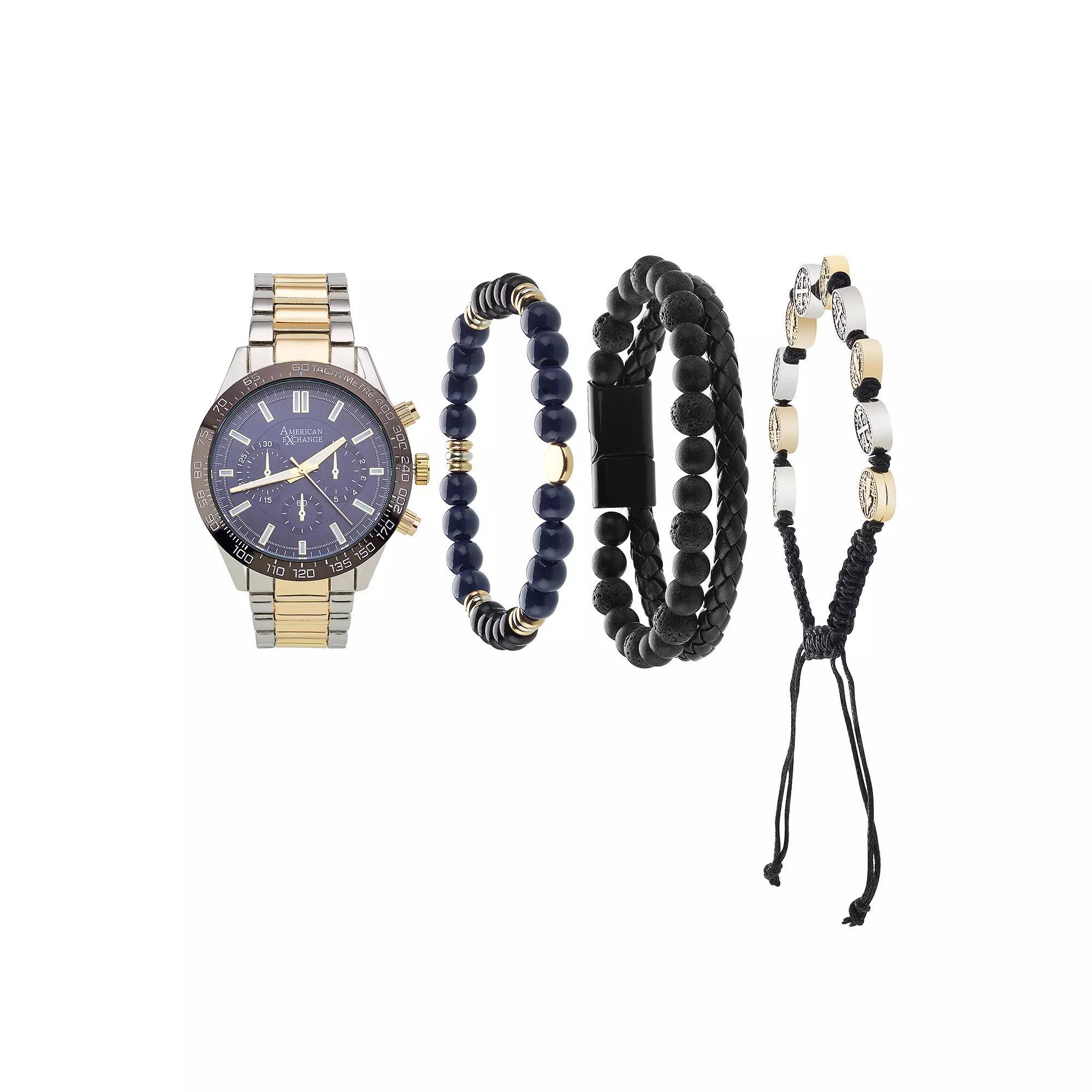American Exchange Men's Two Tone analog Watch & Stackable Bracelet Set, Size: Large, Gold And Silver Product Image