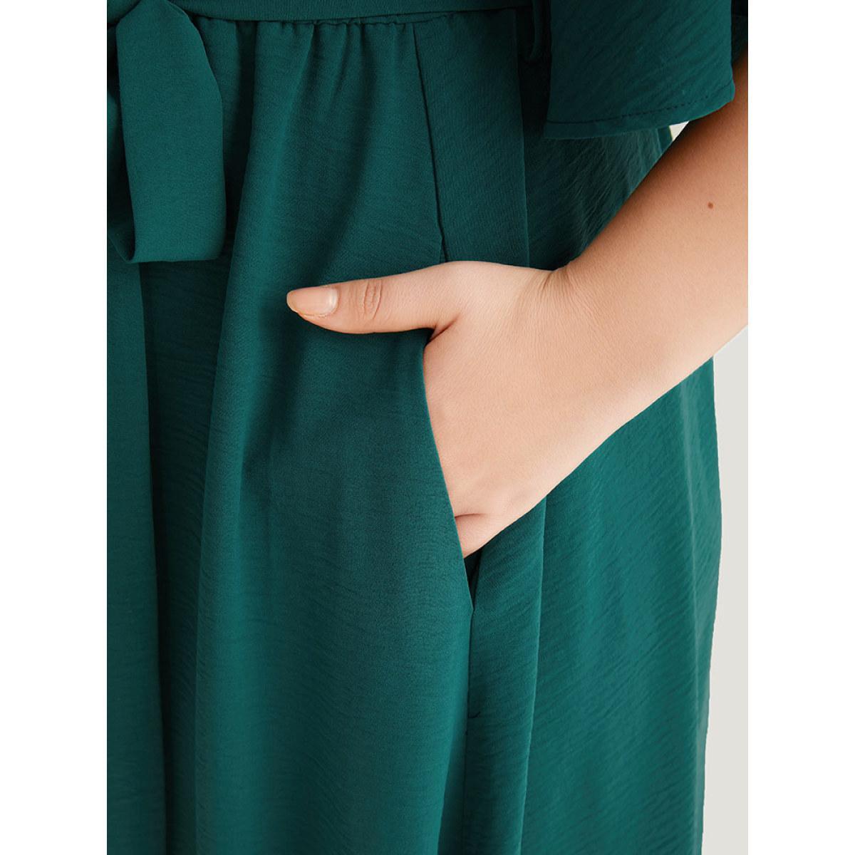 Plus Size Plain Belted Laser Cut High Low Hem Dress Emerald Women Office Gathered V-neck Half Sleeve Curvy Midi Dress BloomChic 10/M Product Image