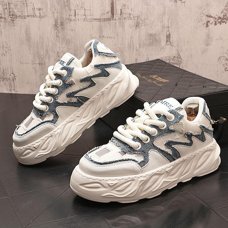 Patchwork Distressed Lace-Up Platform Sneakers Product Image
