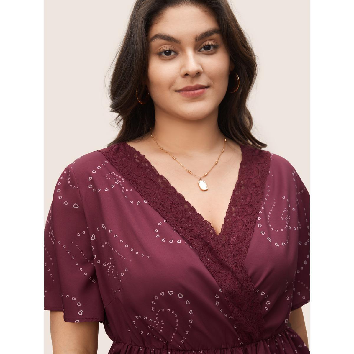 Plus Size Scarlet Heart Lace Patchwork Wrap Elastic Waist Blouse Women Elegant Short sleeve Overlap Collar Everyday Blouses BloomChic 14-16/1X Product Image