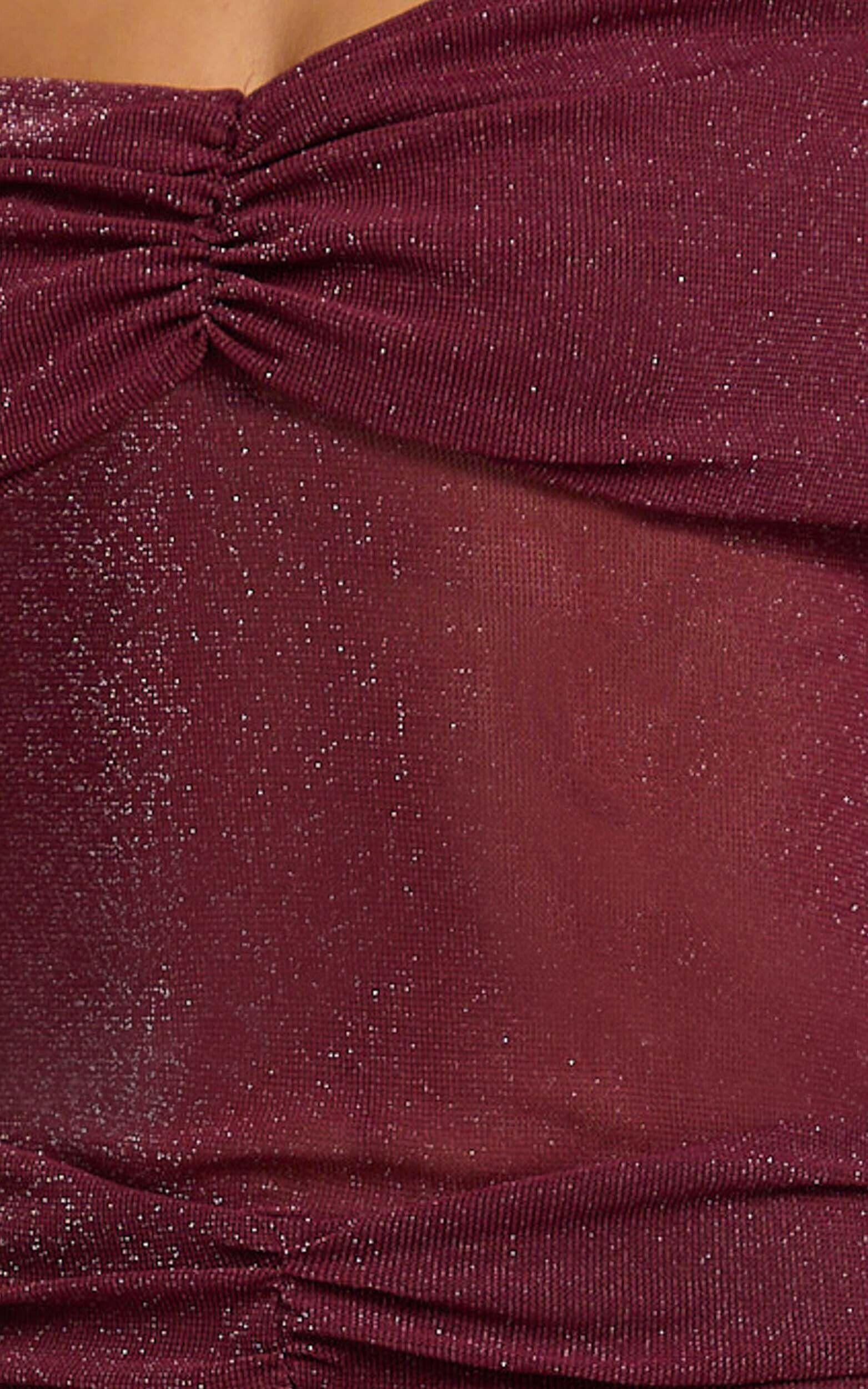 Rumi Mini Dress - Glitter Tulle Off Shoulder Ruched Dress in Wine Product Image