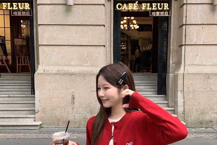 Bow-Accent Mock Two-Piece Crew-Neck Knit Top Product Image