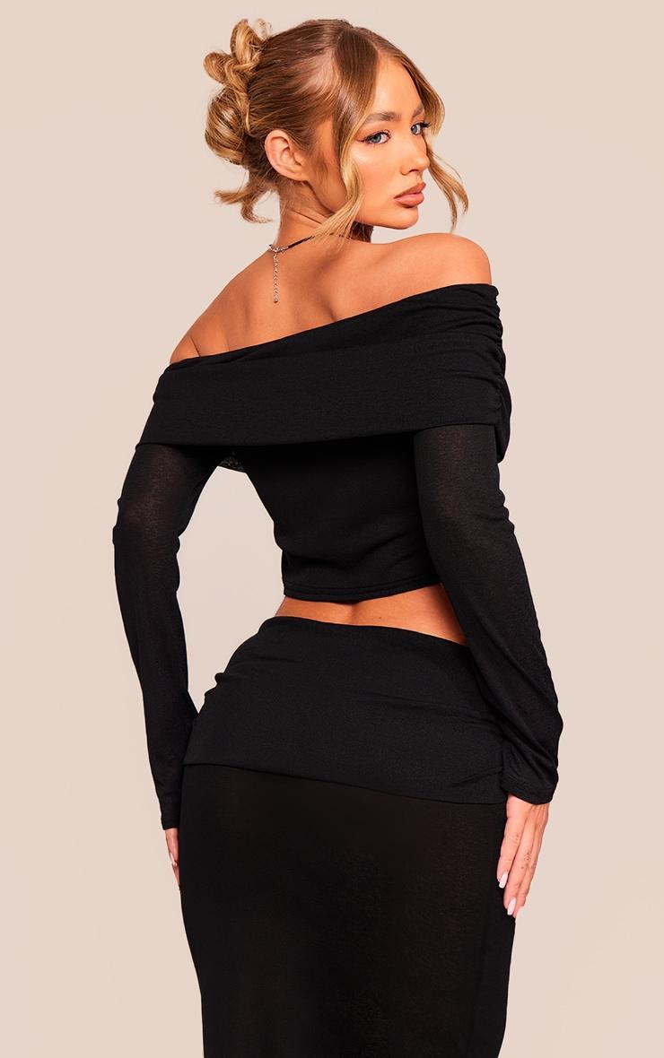 Black Sheer Burnout Mesh Fold Over Hem Long Sleeve Bardot Top Product Image