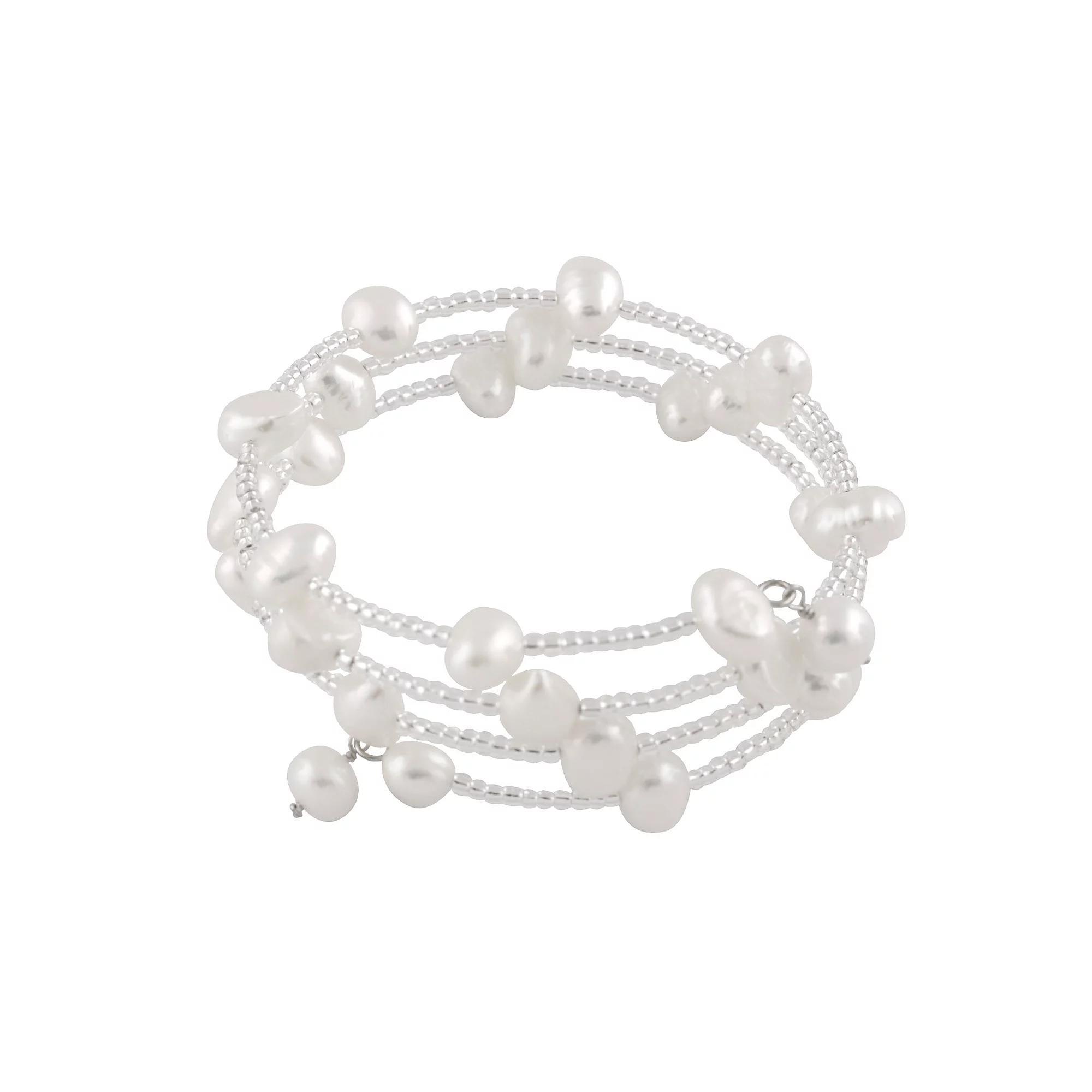 Freshwater Cultured Pearl Triple Row Coil Bangle Bracelet, Women's, Size: 7.25", White Product Image