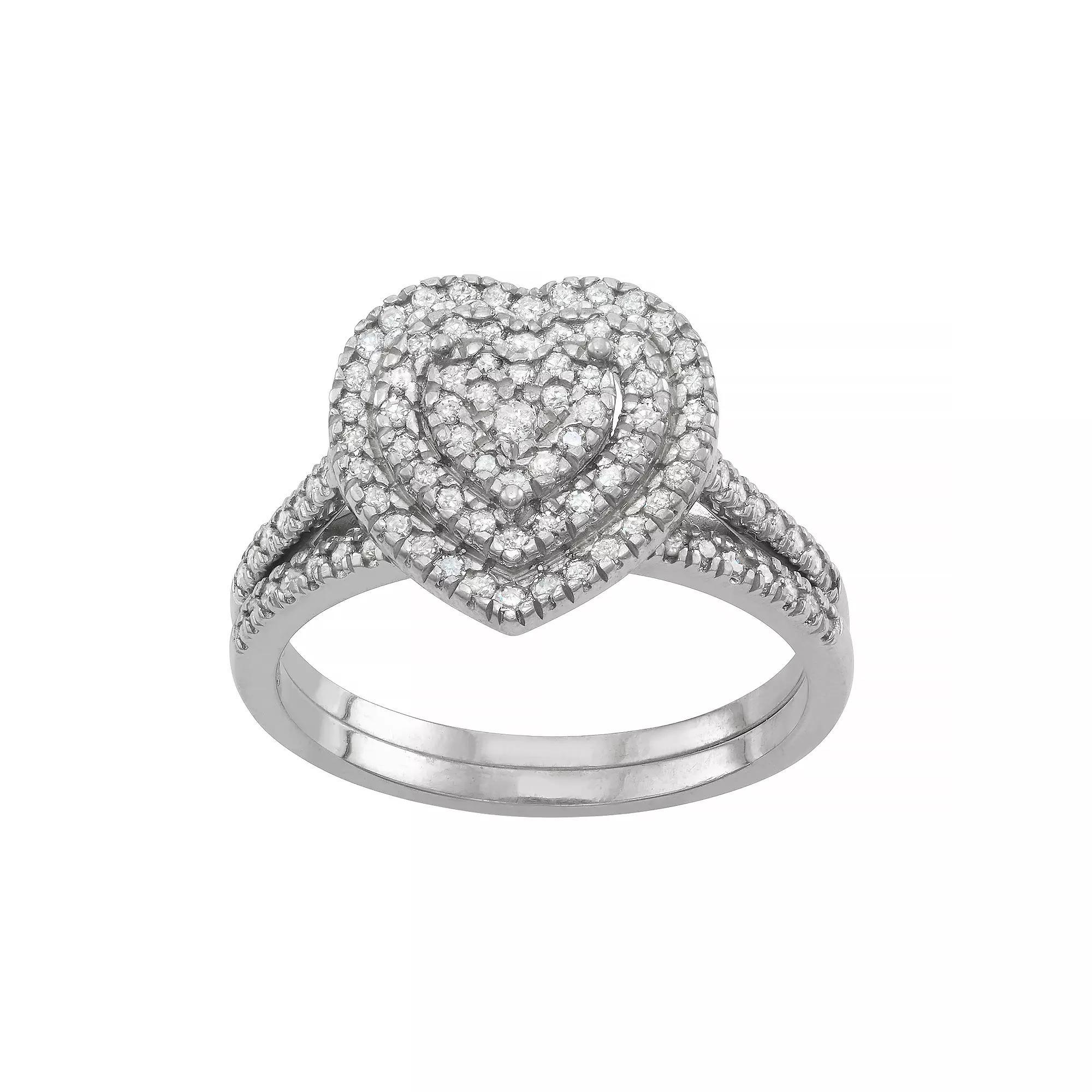 Tiara Sterling Silver 1/2 Carat T.W. Diamond Tiered Heart Engagement Ring Set, Womens Product Image
