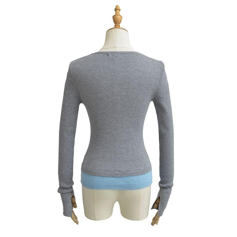 Mock Two-Piece Long-Sleeve V-Neck Two Tone Knit Top Product Image