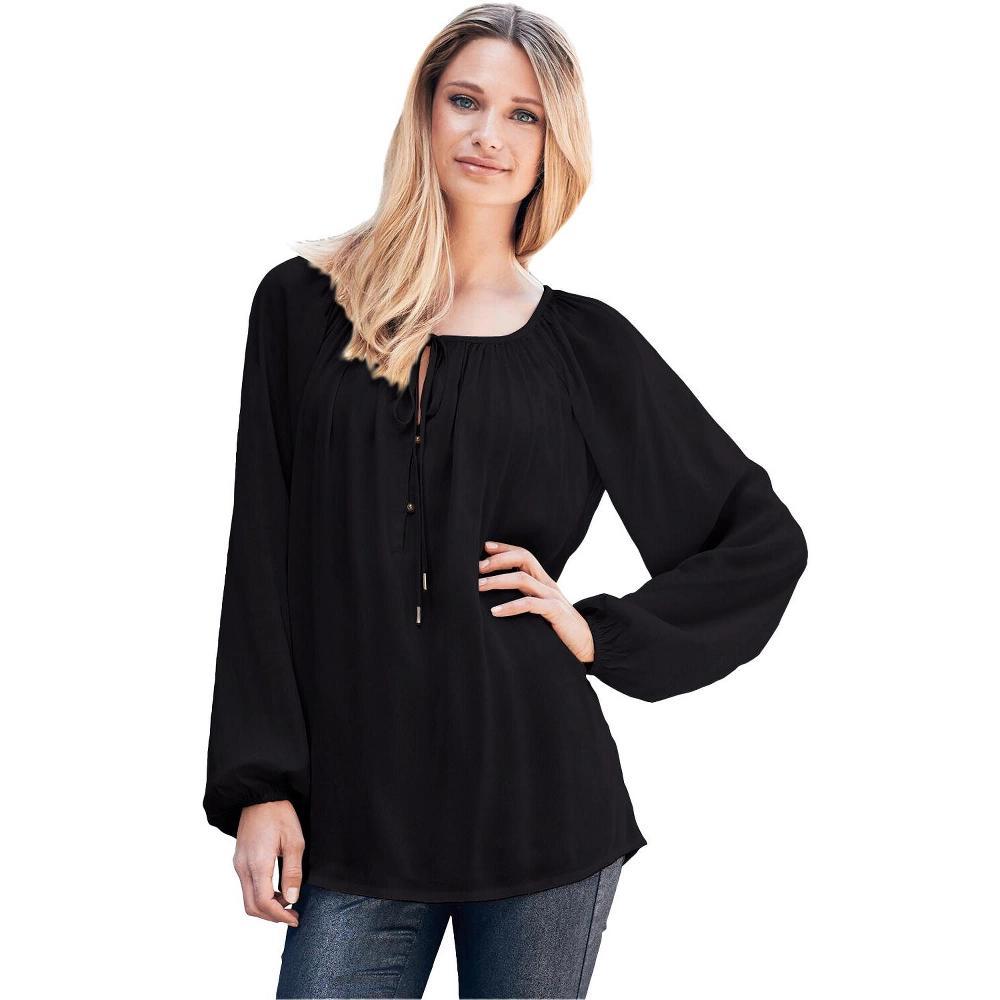 ellos Women's Plus Size Tie Neck Peasant Tunic Product Image